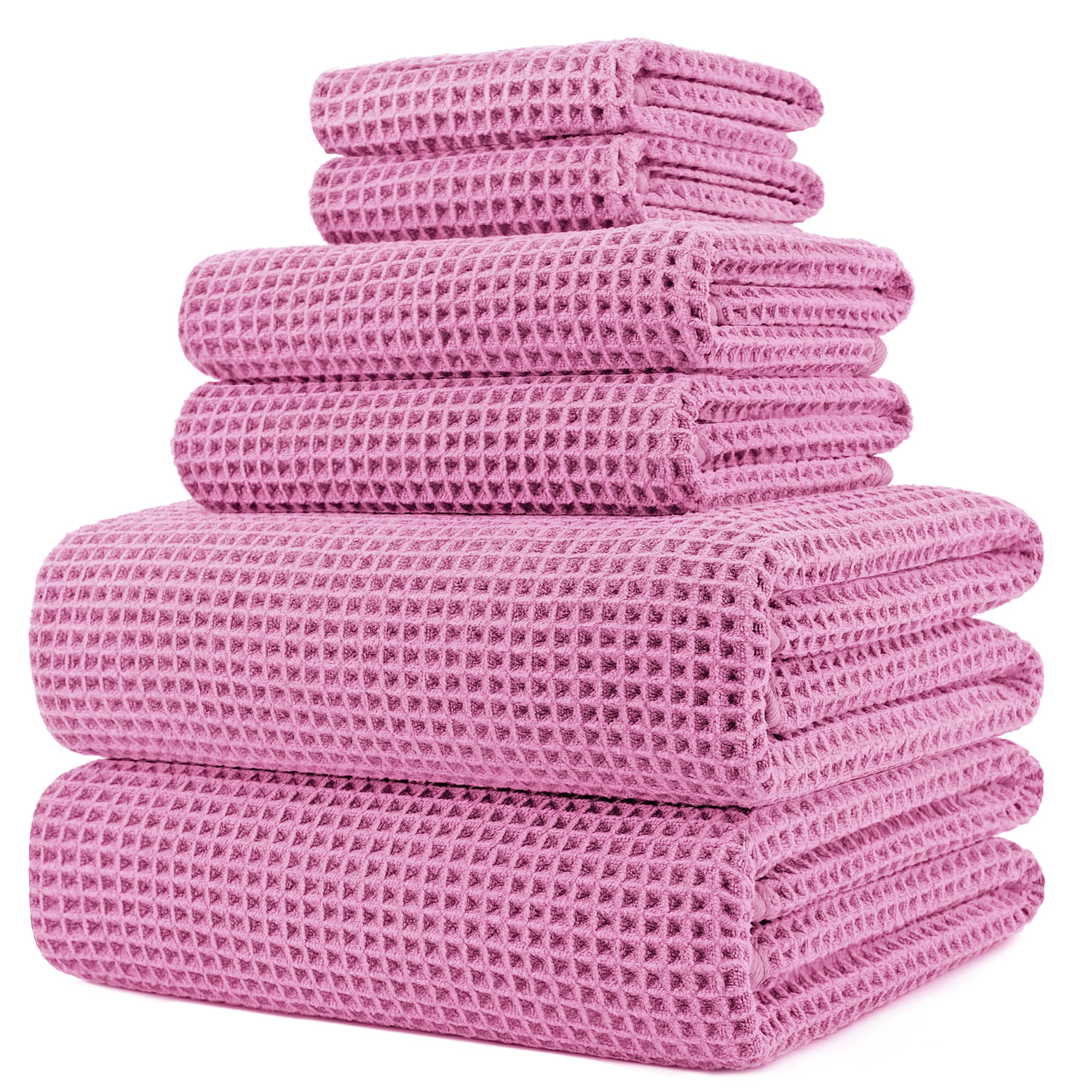 Polyte Microfiber Bath Towel Set – 6 Piece Quick Dry Waffle Weave, Beige