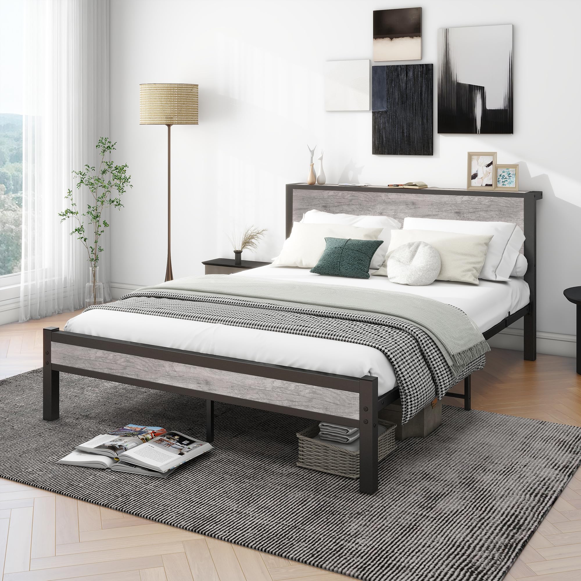 Diahomy King Metal Platform Bed Frame with Storage Headboard – Gray