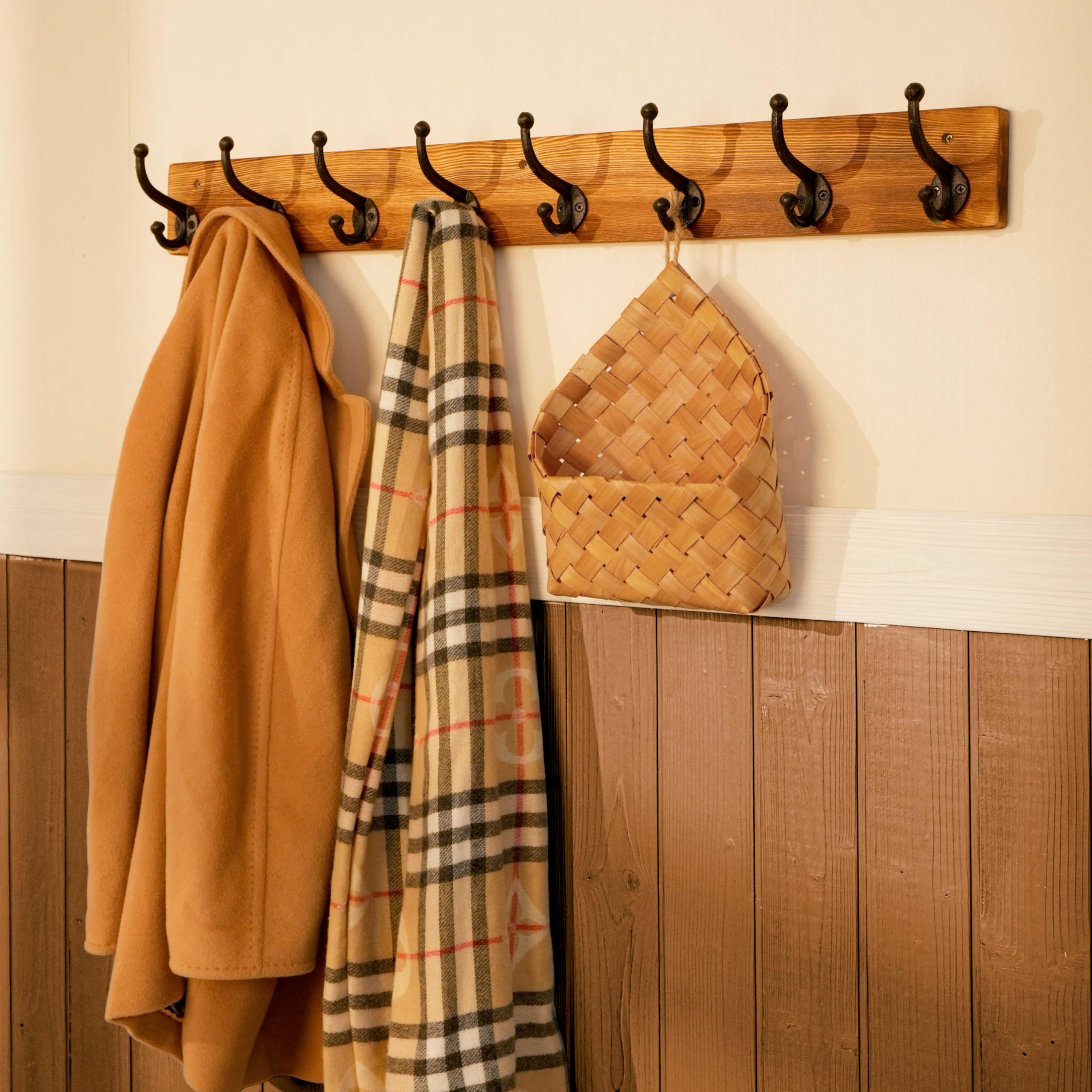 WEBI Rustic Wall Mount Coat Rack – 8 Cast Iron Hooks, Solid Wood, 2 Pack