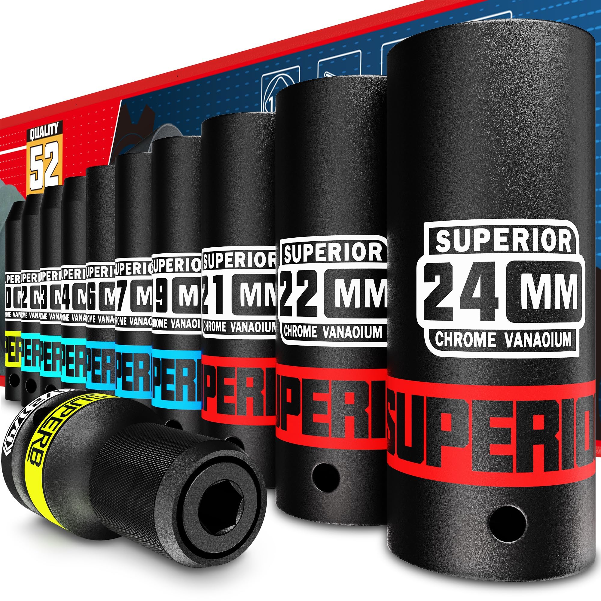 KIRXST 11-Piece 1/2" Metric Deep Impact Socket Set with Hex Adapter