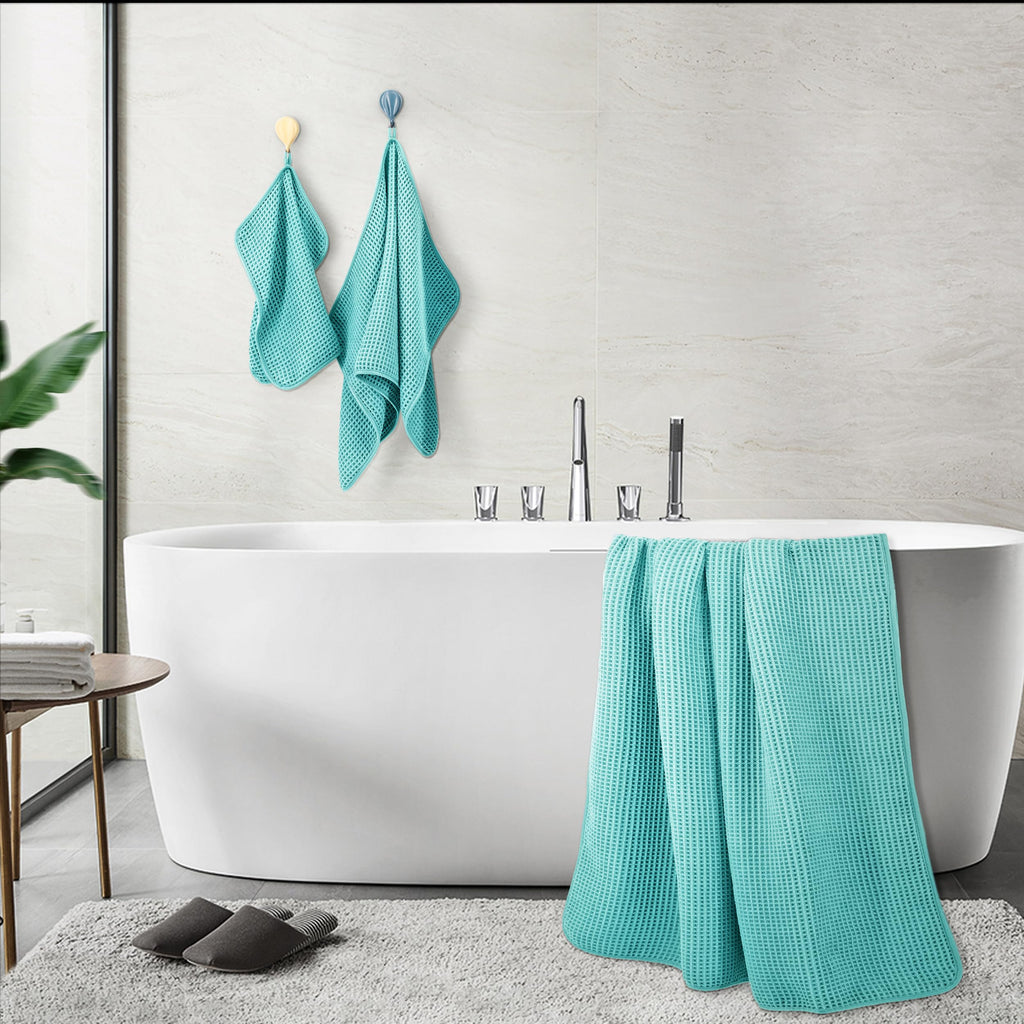 Polyte Microfiber Bath Towel Set - 6 Piece Quick Dry Waffle Weave, Aqua