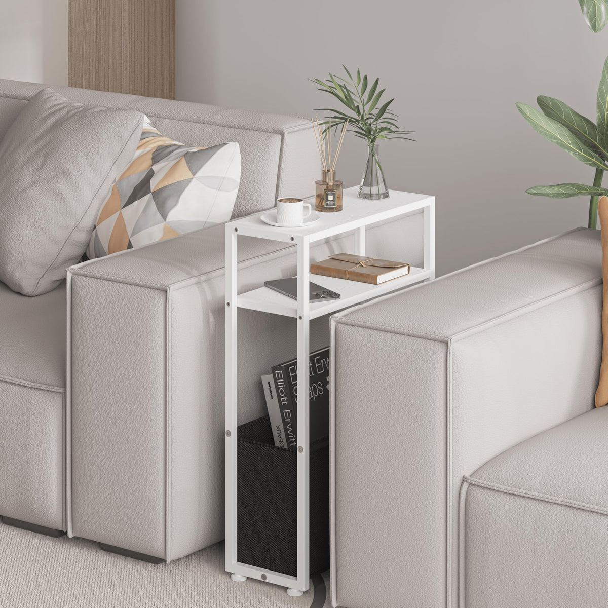 JERX Narrow Side Table with Fabric Basket, End Table for Small Spaces, Slim Side Table with Magazine Rack for Living Room Office Bedroom and Bathroom - image 3