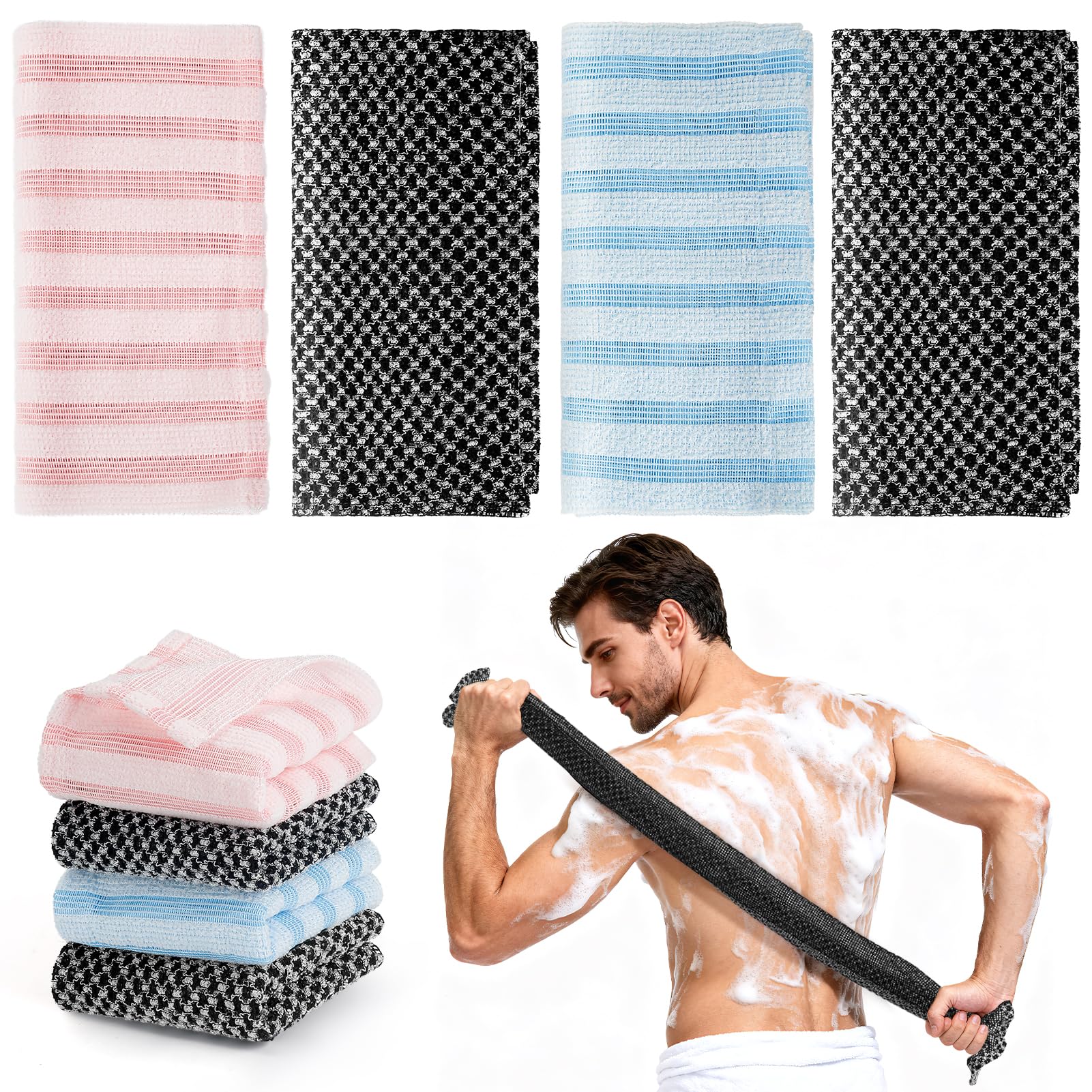 DirkFigge 4Pcs Japanese Exfoliating Shower Towel – Extra Long Back Scrubber