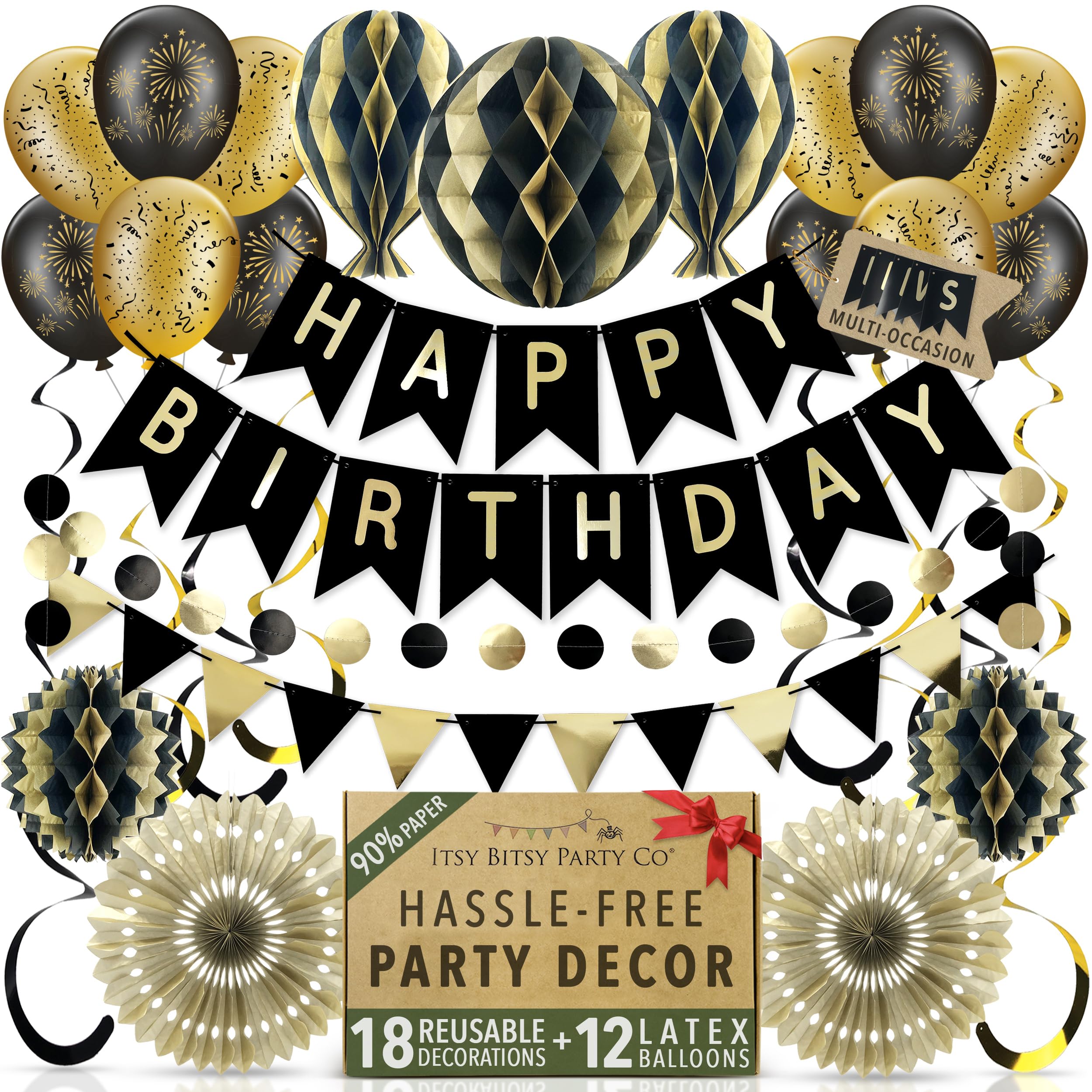 Reusable Birthday Decorations – Black and Gold Party Banner Set