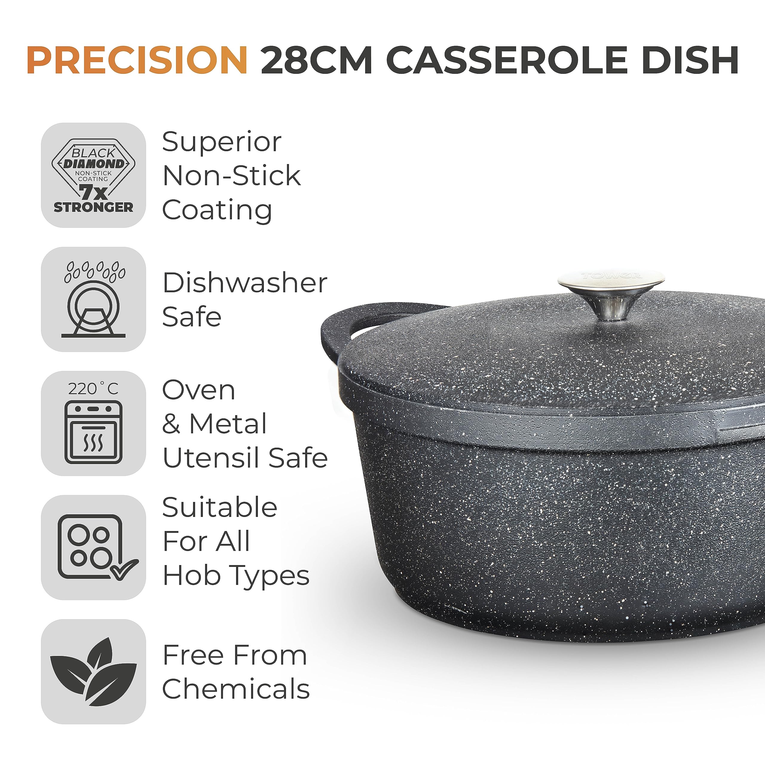 Tower Precision 28cm Cast Aluminium Casserole Dish | Non-Stick Black