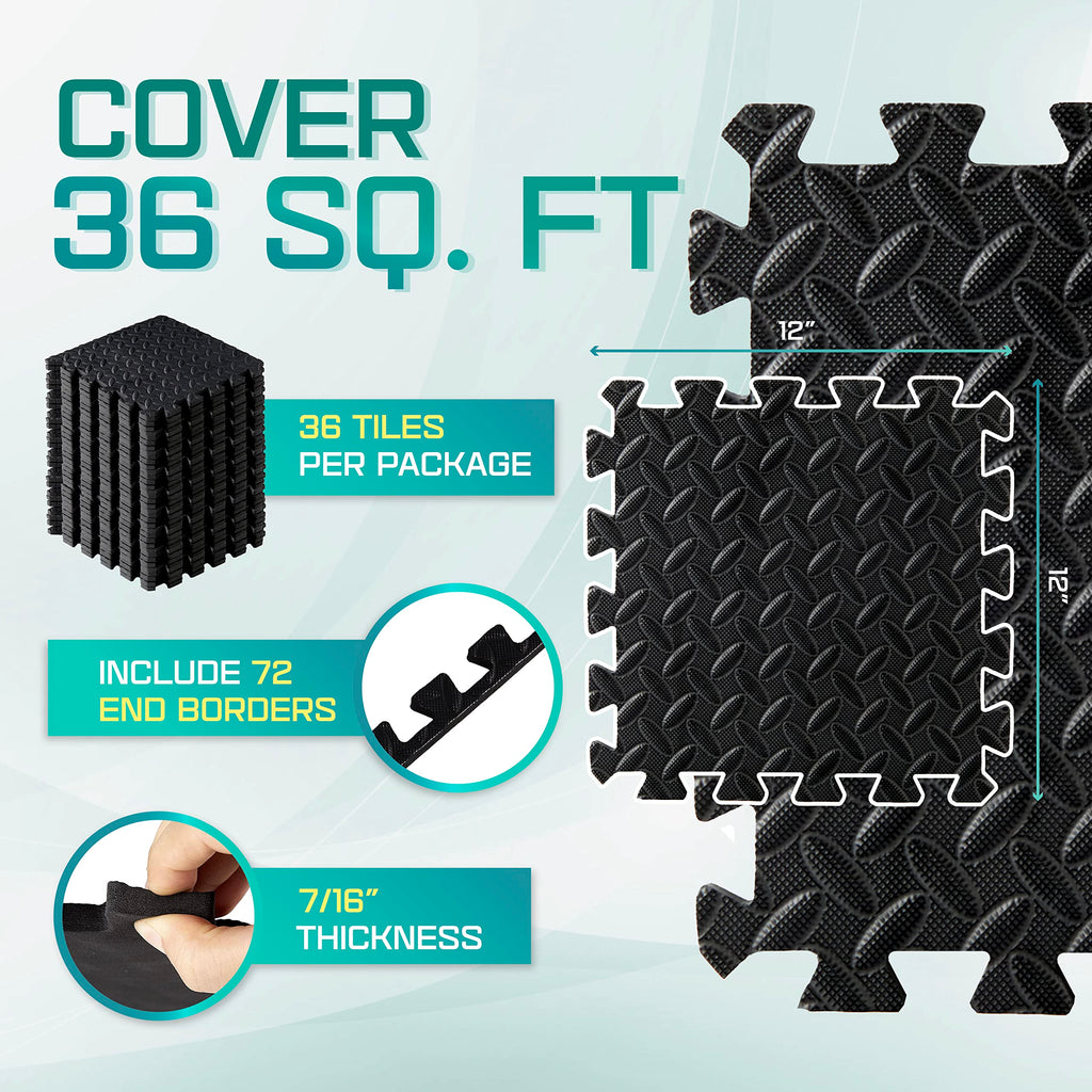 Yes4All Interlocking Exercise Foam Mats - 36 Piece Gym Floor Tiles, Black