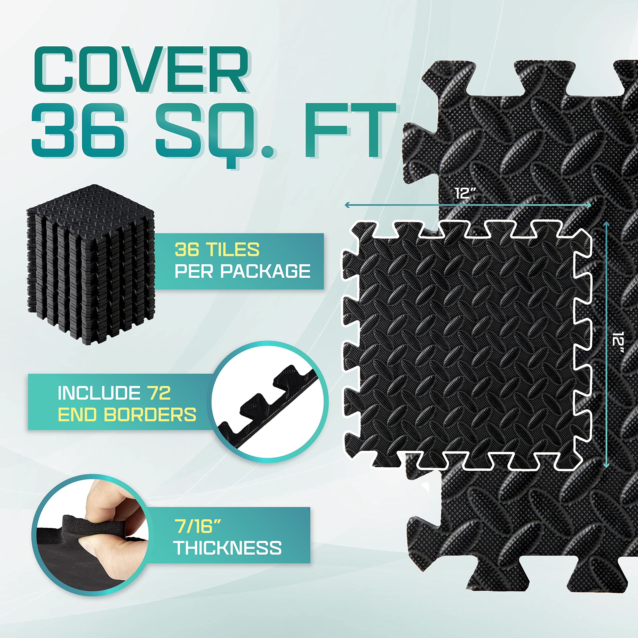 Yes4All Interlocking Exercise Foam Mats - 36 Piece Gym Floor Tiles, Black