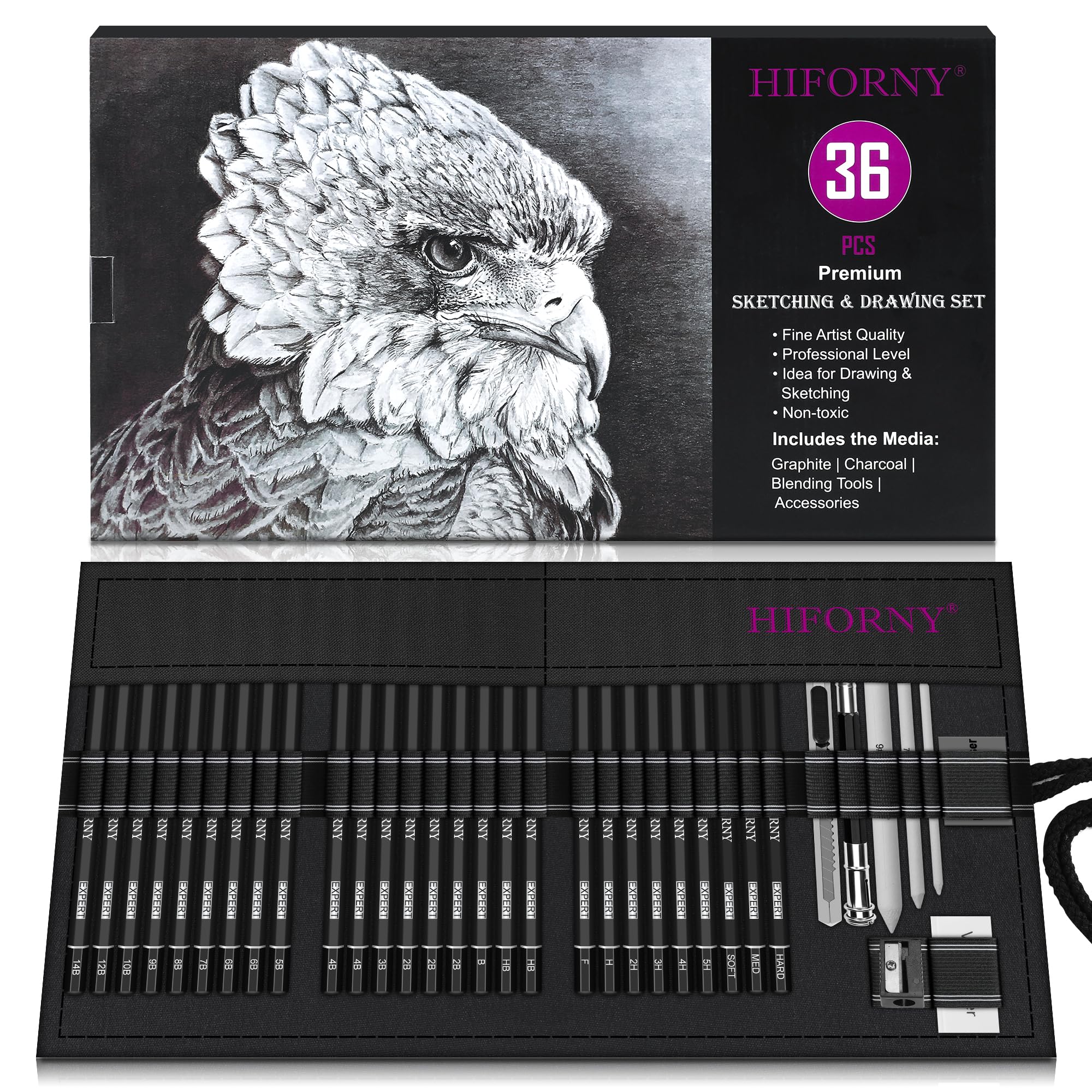 HIFORNY 36-Piece Sketching Drawing Pencil Set with Graphite and Charcoal