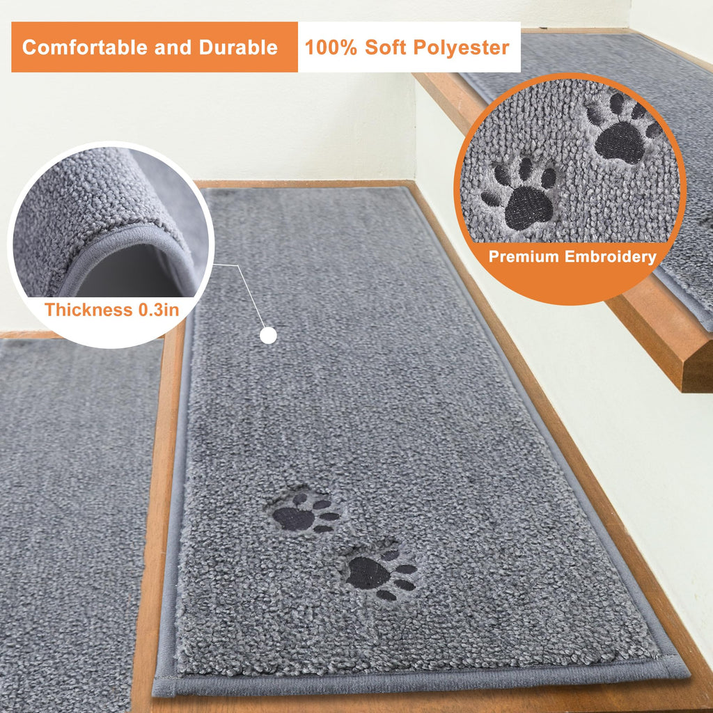 BEQHAUSE Non-Slip Stair Treads - Washable Grey Carpet Runner, 15pcs