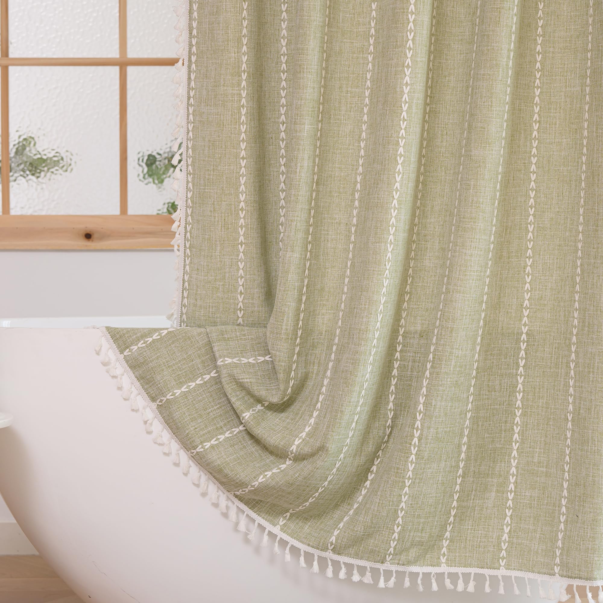 Plenmor Sage Green Boho Fabric Shower Curtain – Heavy Weight Striped