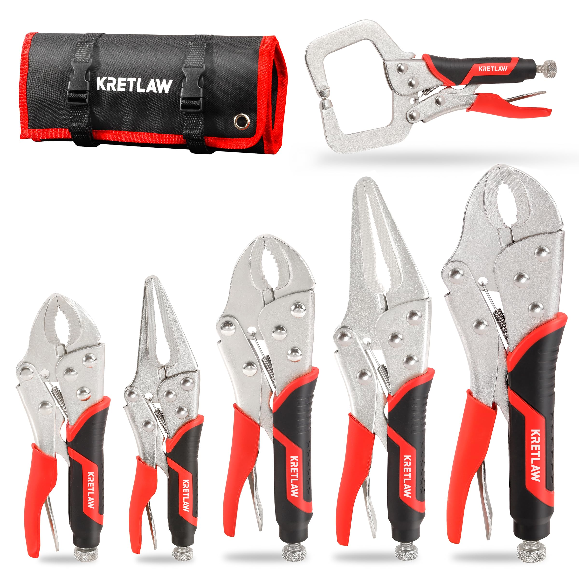 KRETLAW 6-Piece Locking Pliers Set | Curved Jaw, Long Nose & C-Clamp