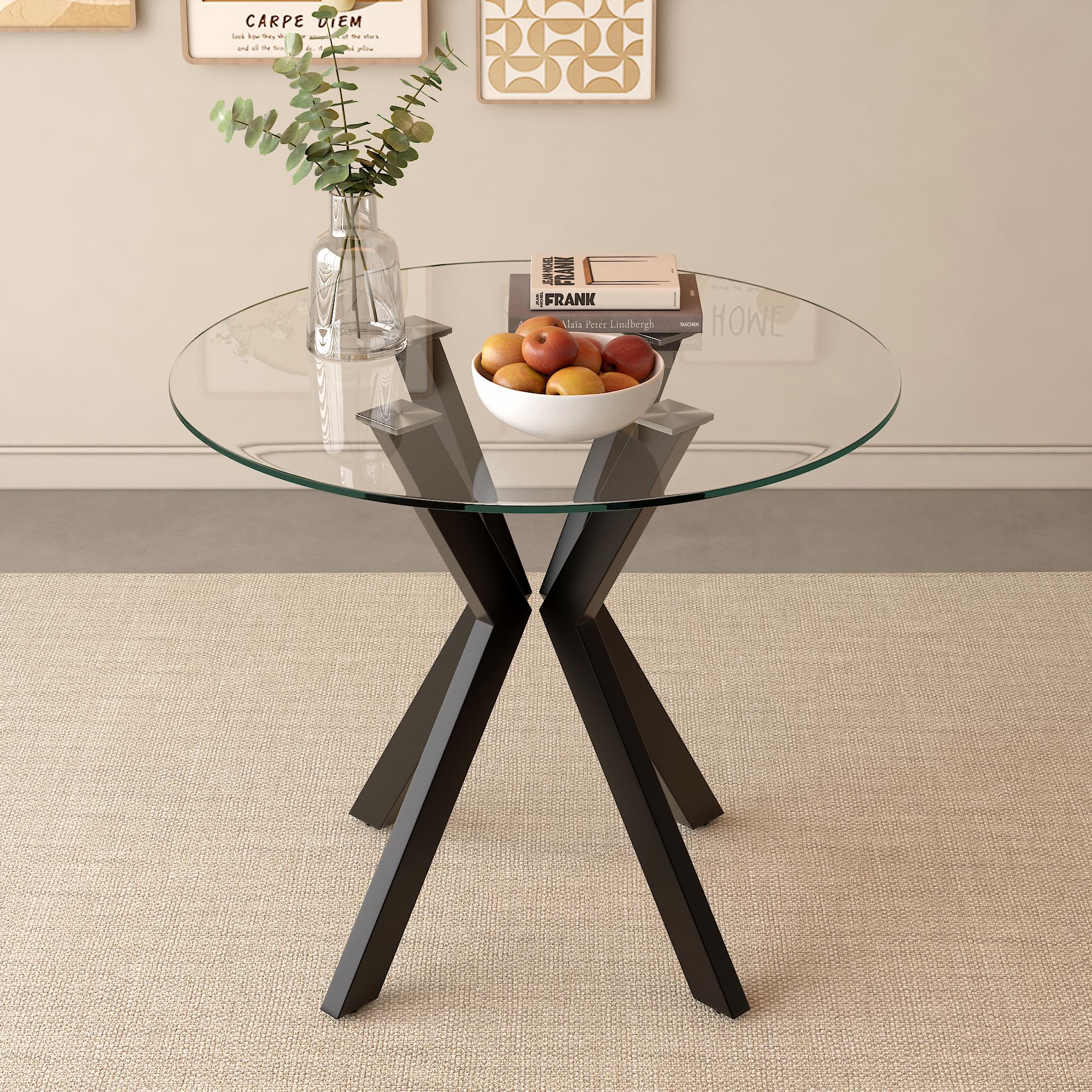 GOLDFAN 80cm Round Tempered Glass Dining Table | Modern Black Metal Legs