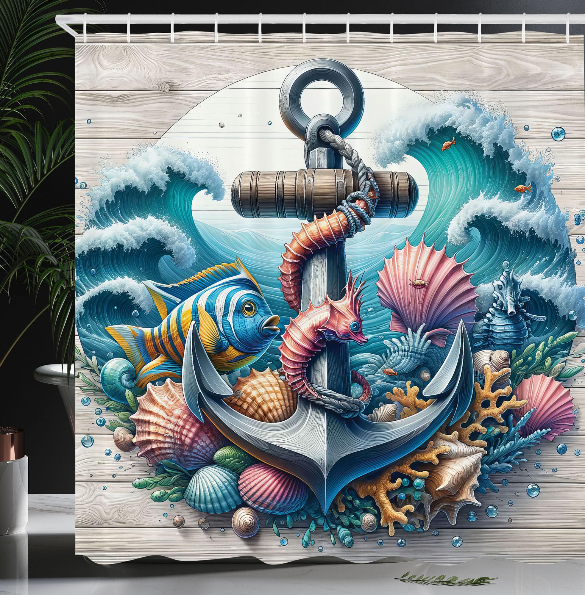 Abakuhaus Nautical Fabric Shower Curtain | Waterproof Anchor Decor | 175x200cm