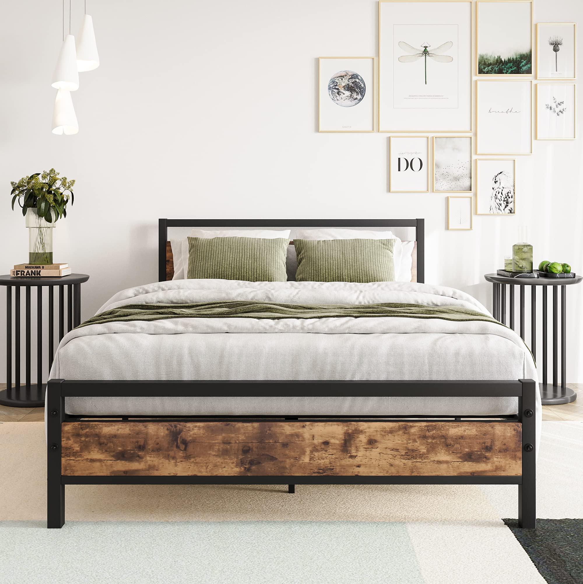 BOFENG Double Metal Platform Bed Frame with Wood Headboard | Heavy Duty
