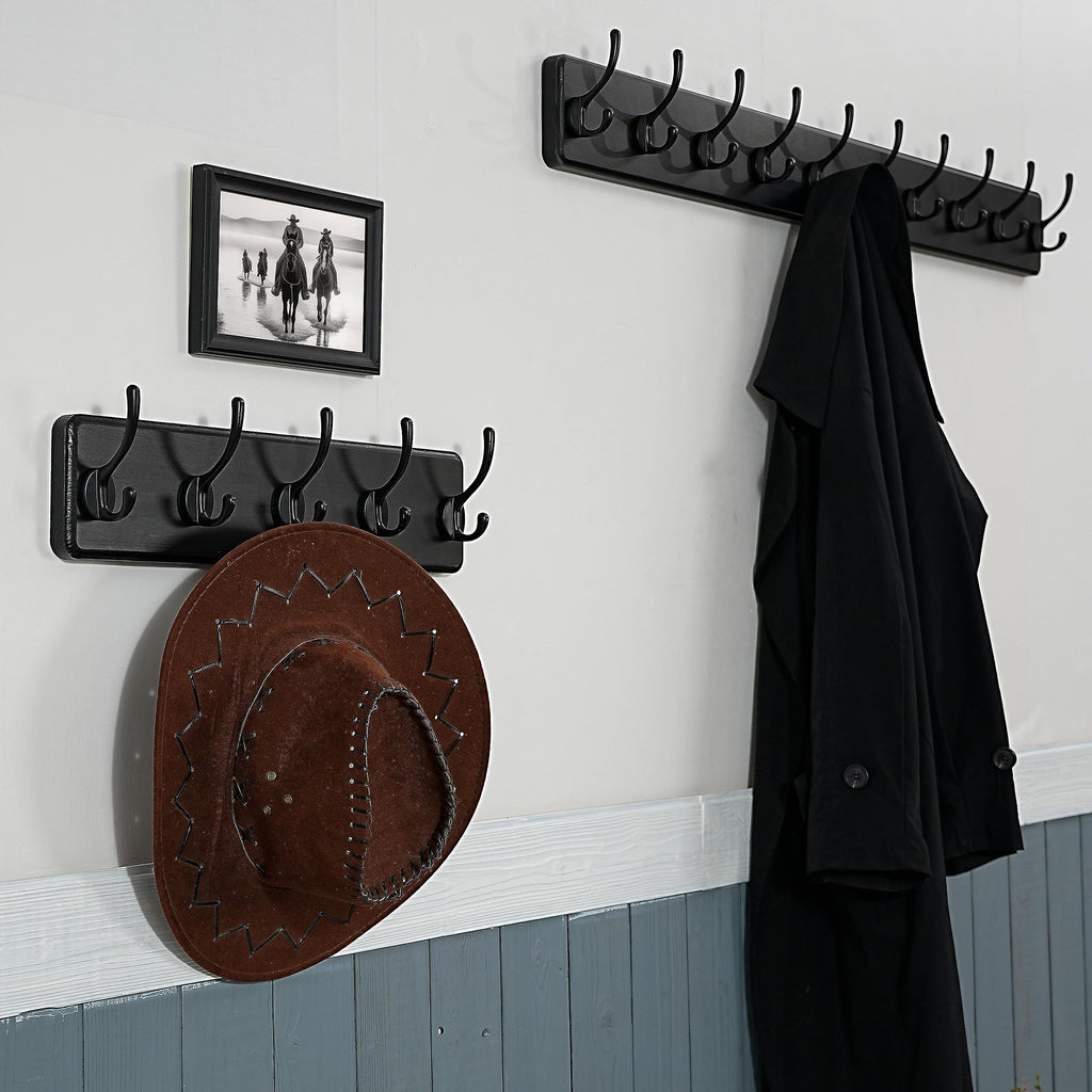 WEBI Solid Wood Wall Mounted Coat Rack – 5 Hooks, Rustic Black, 2 Pack