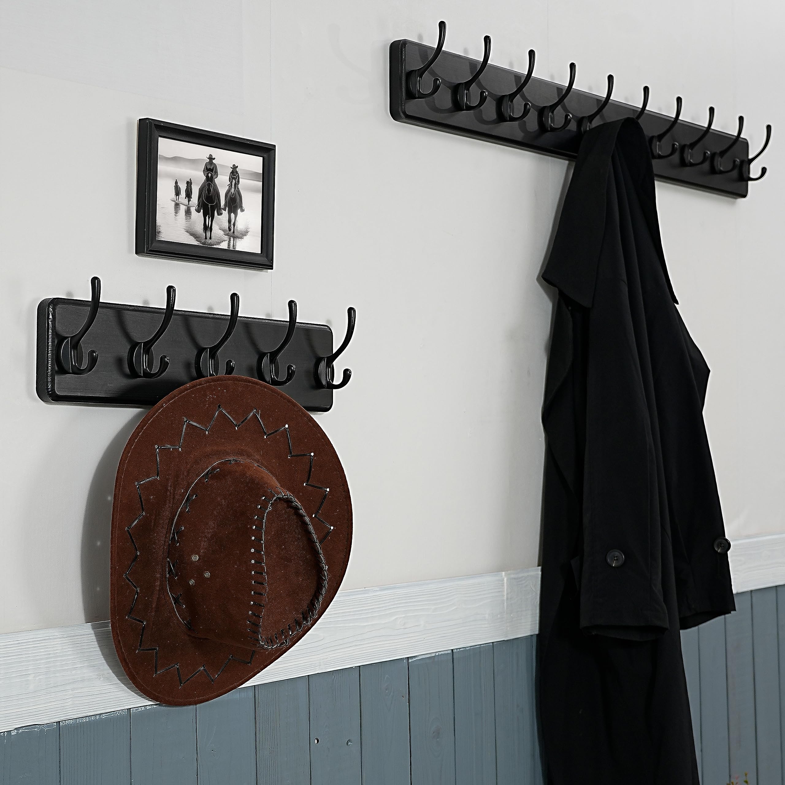 WEBI Solid Wood Wall Mounted Coat Rack – 5 Hooks, Rustic Black, 2 Pack