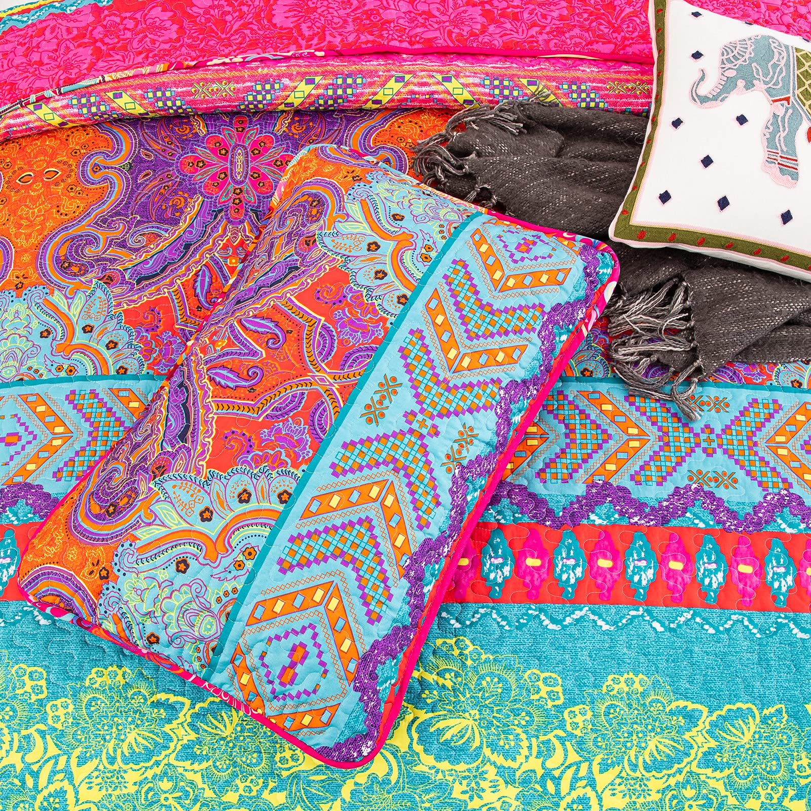 WONGS BEDDING King Size Reversible Boho Floral Bedspread Quilt Set