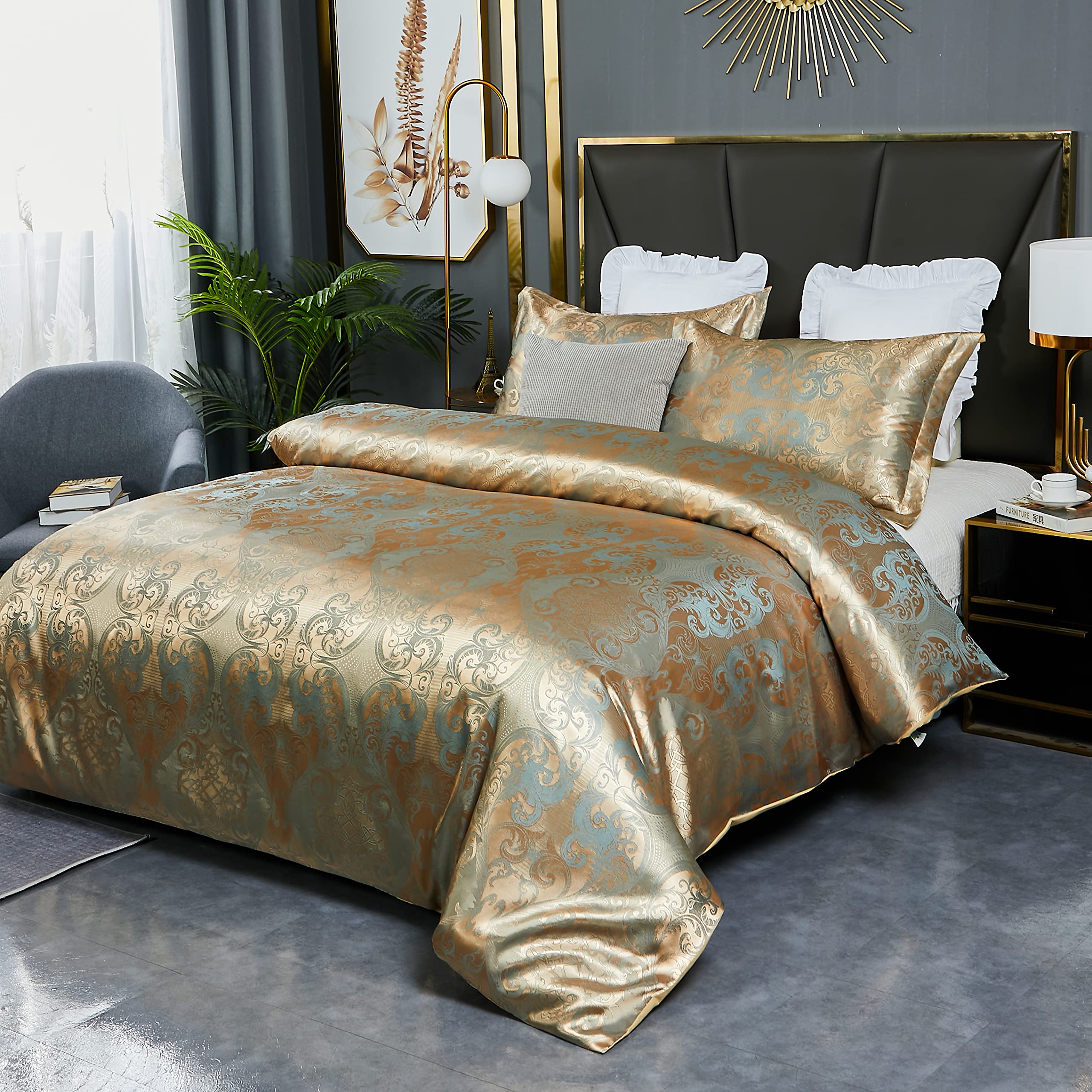 HMtideby Gold Jacquard Duvet Cover Set | Double Microfiber Bedding