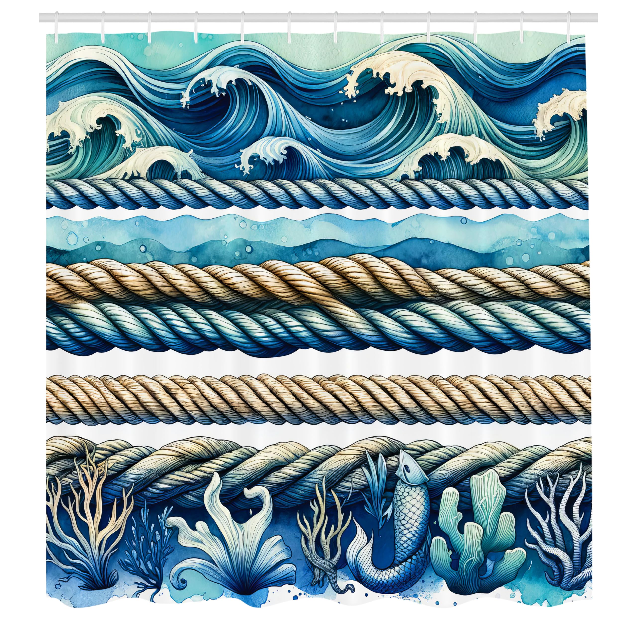 Abakuhaus Coastal Shower Curtain | Waterproof Fabric | Seafoam Teal & Brown