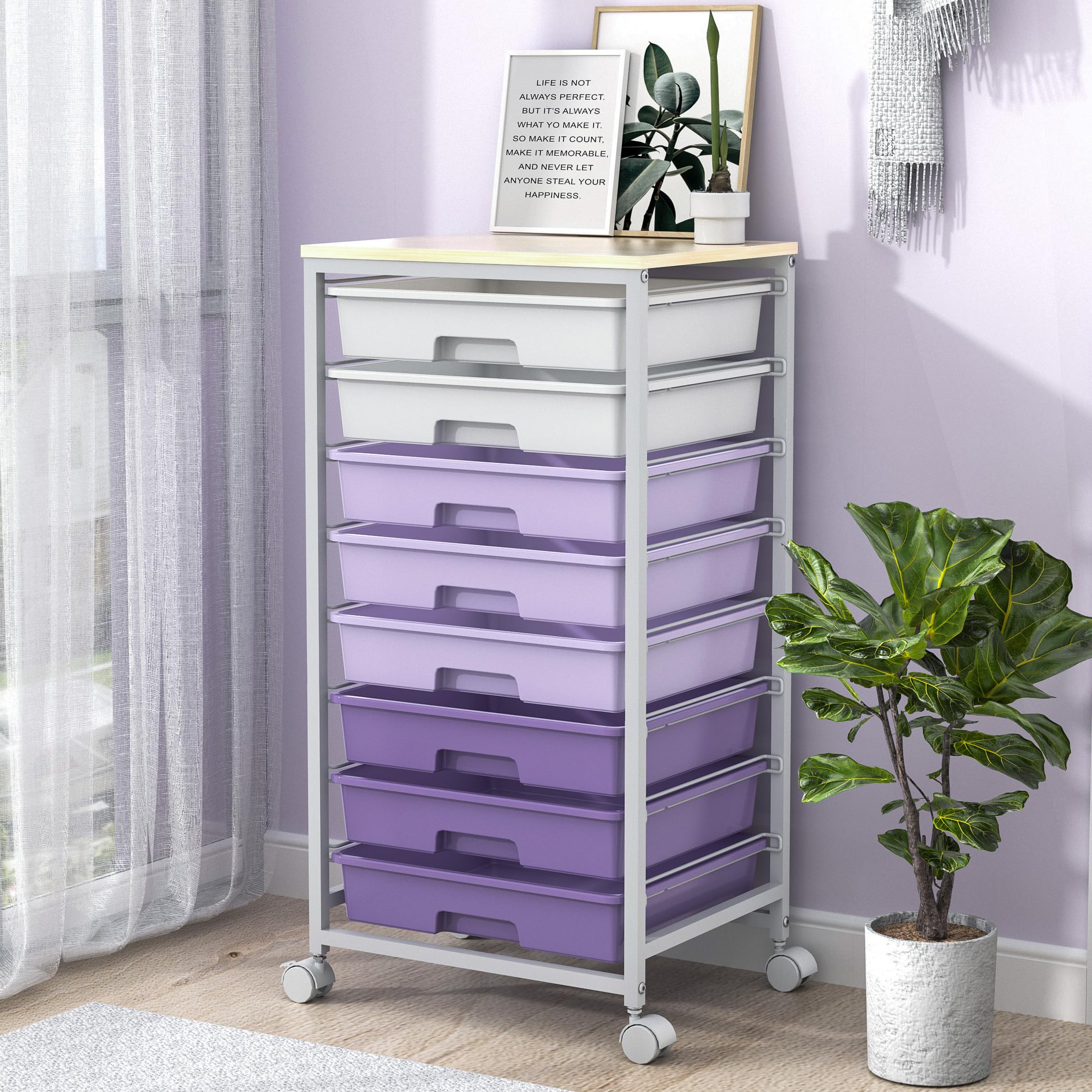 SYKIARIOL 8-Drawer Rolling Storage Trolley | Wooden Top Utility Cart