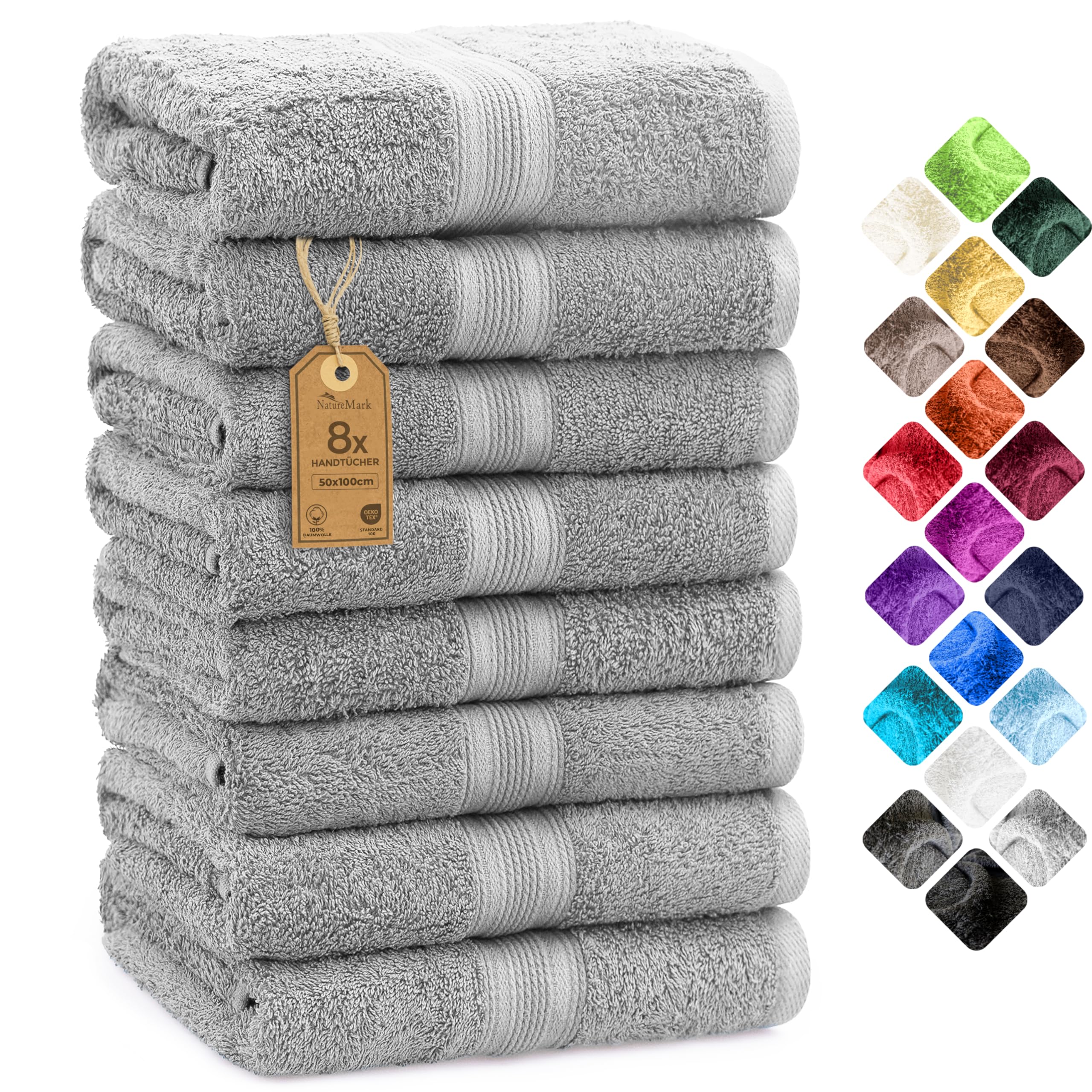 NatureMark 8 Hand Towels Set | 100% Cotton 50x100cm | Silver Grey