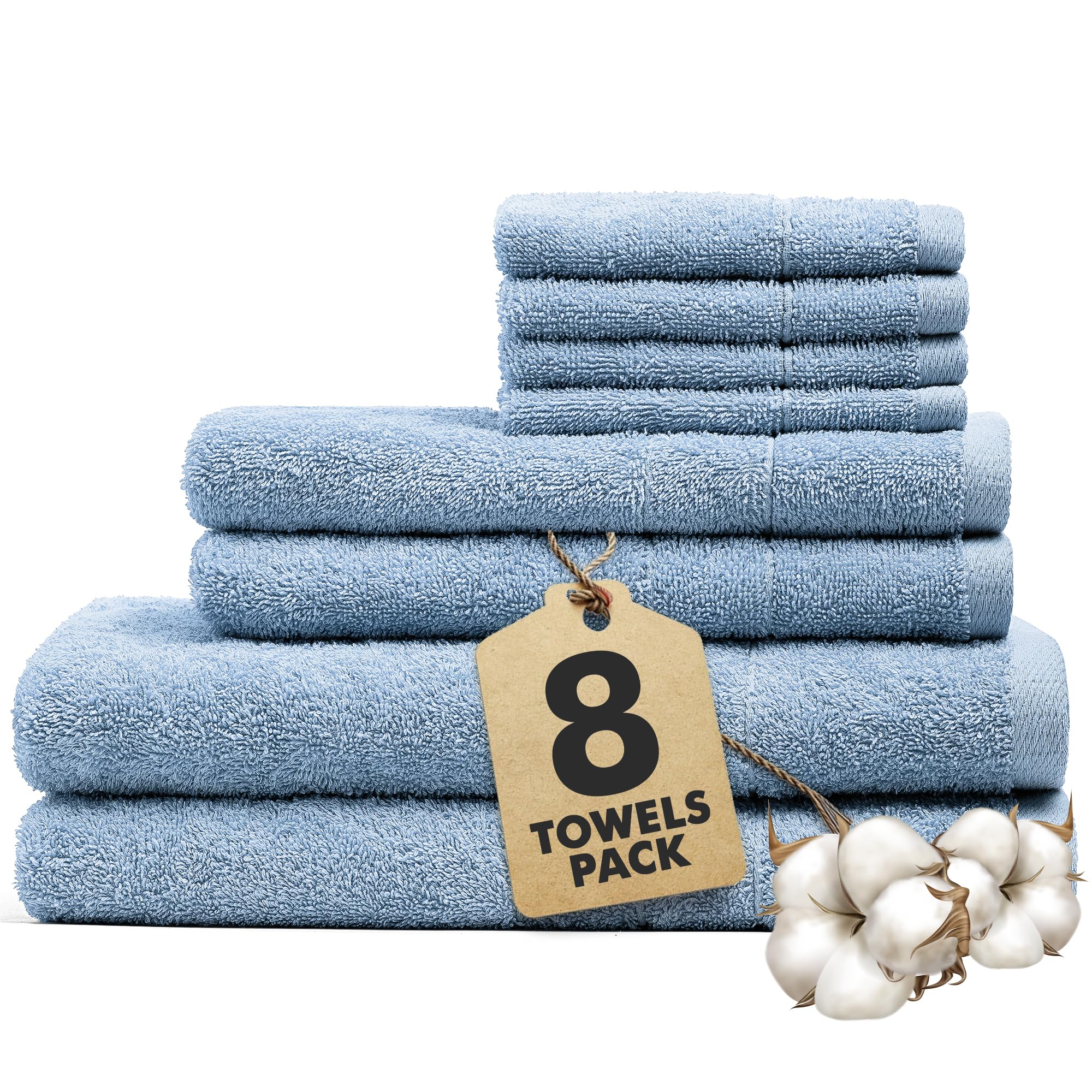 Novo Home 8-Piece Cotton Bath Towel Set – Sky Blue Soft & Absorbent