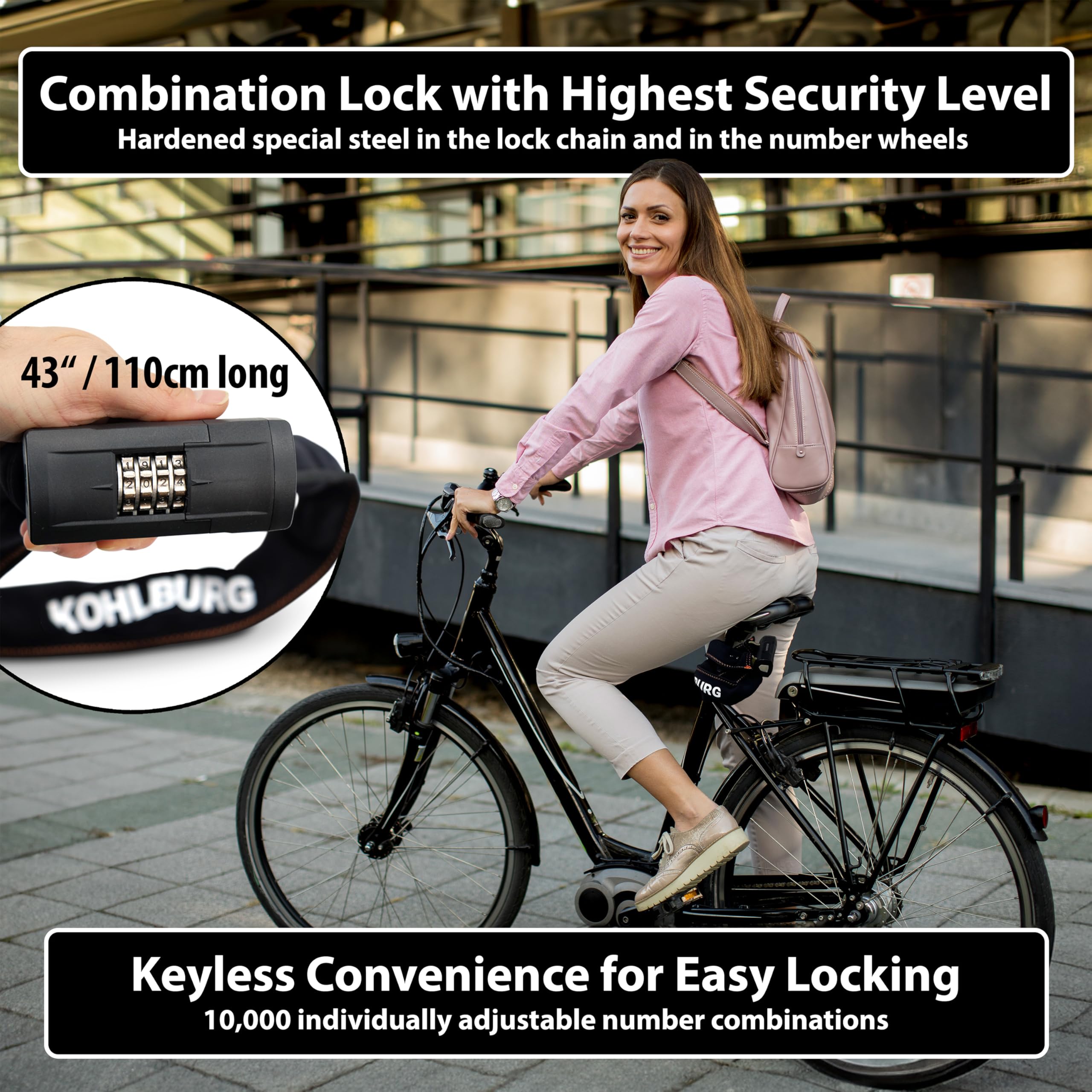 KOHLBURG Sold Secure Gold Combination Bike Lock - 8mm Hardened Steel Chain