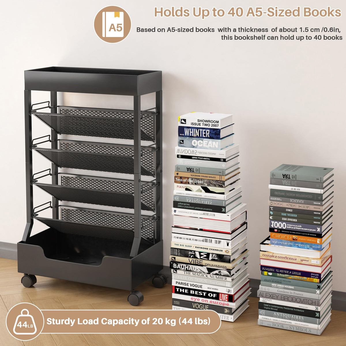 Ornestia Metal Book Trolley, Mobile Storage Bookcase with WheelsBlack