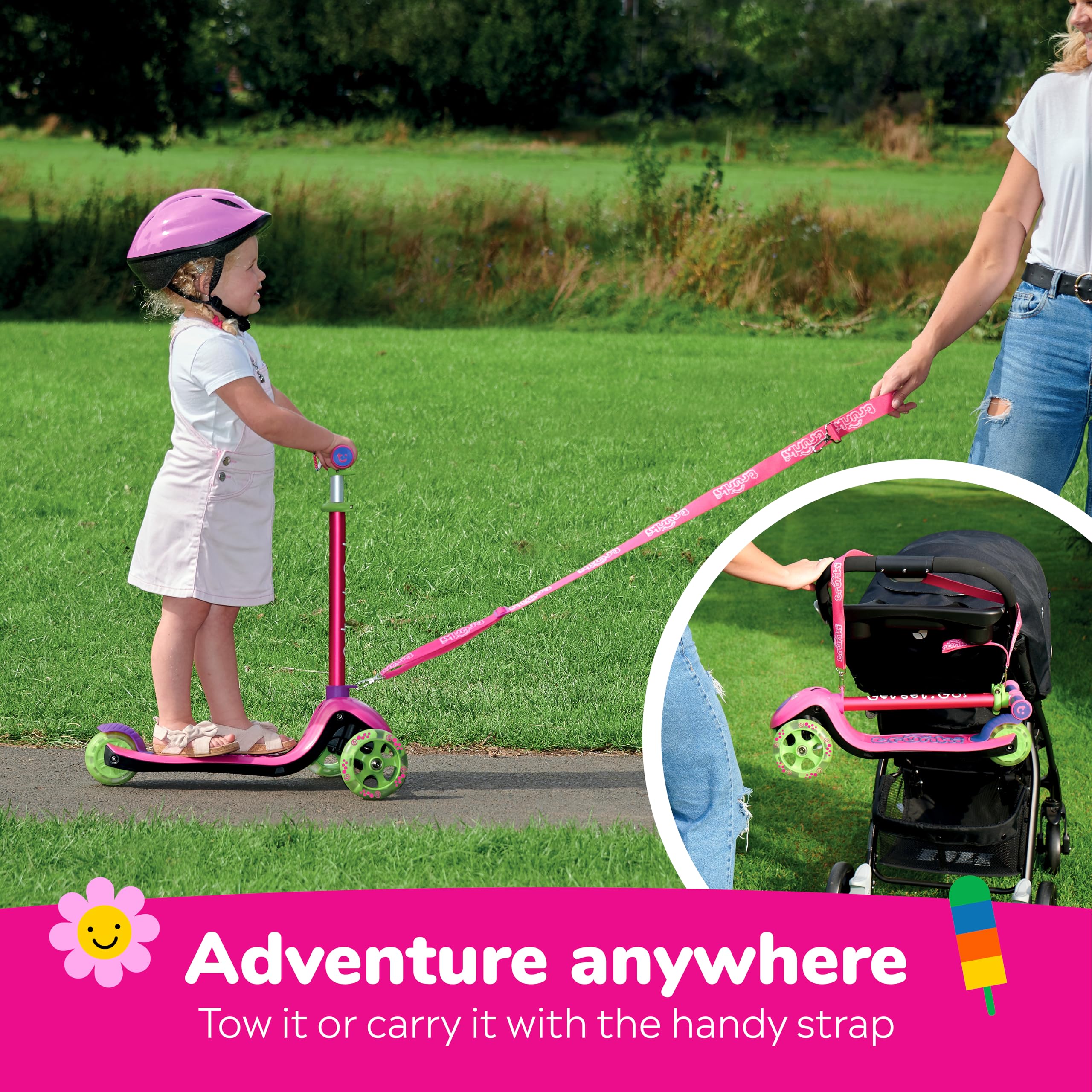 Trunki Pink 3-Wheel Kids Scooter – Foldable with Tow Strap and Bag