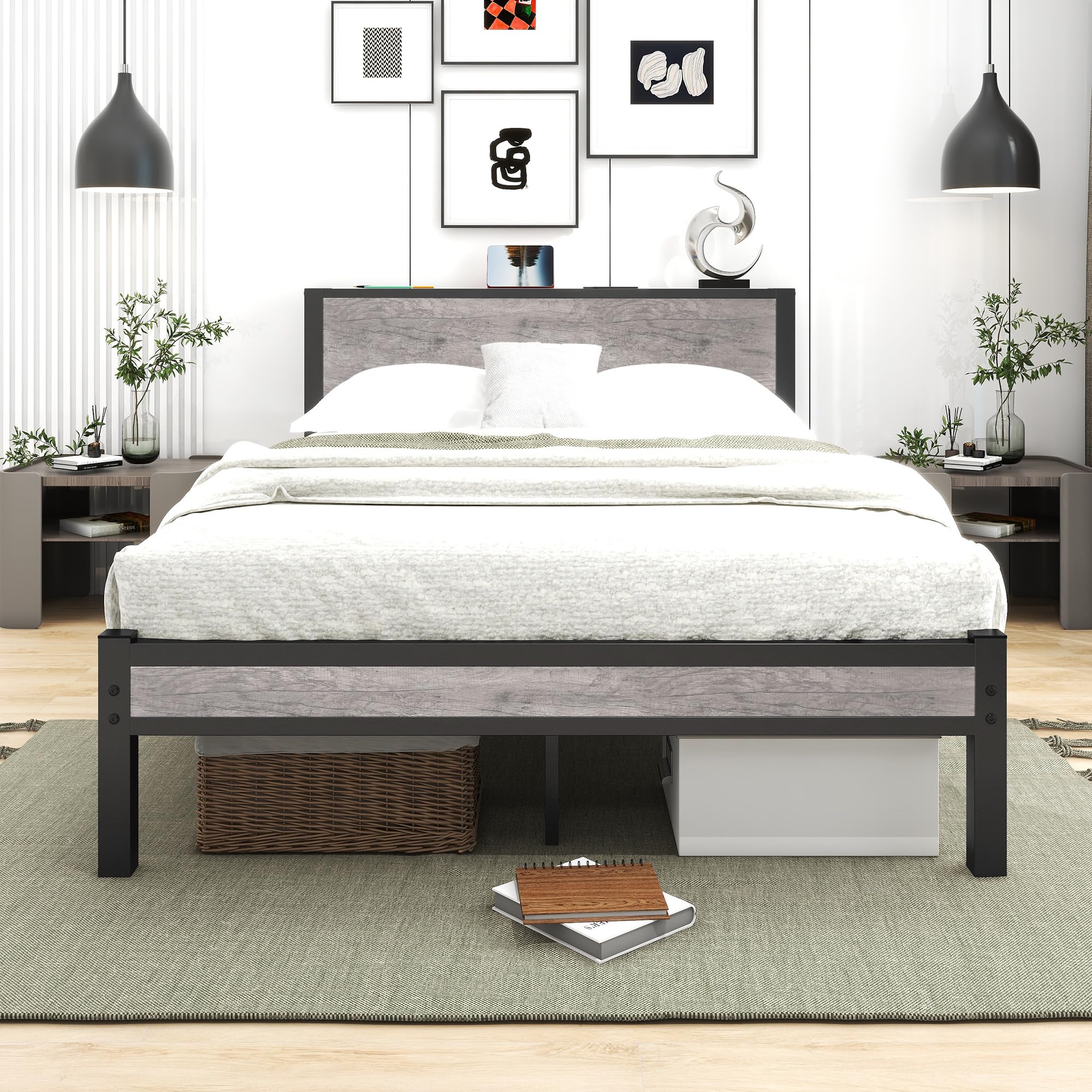Diahomy Double Metal Platform Bed Frame with Wood Headboard - Gray