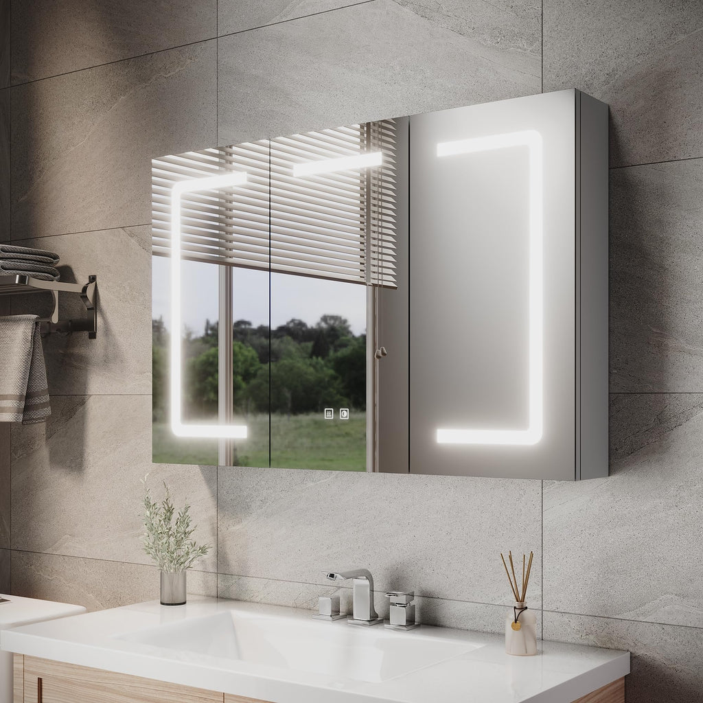 ELEGANT LED Bathroom Mirror Cabinet with Shaver Socket, Grey, 900x600mm - image 1