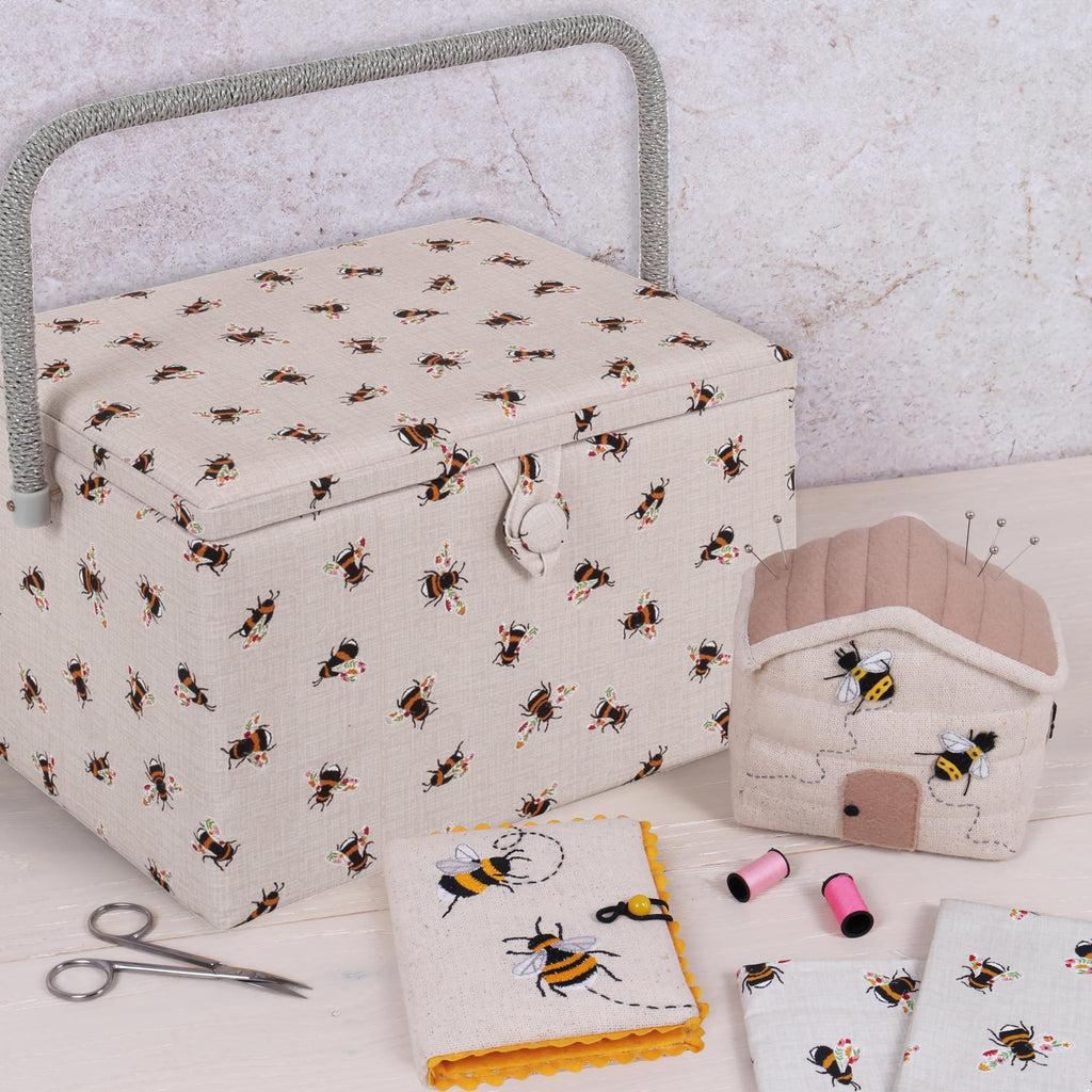 Hobby Gift Large Sewing Box – Bees Print Craft Storage with Tray