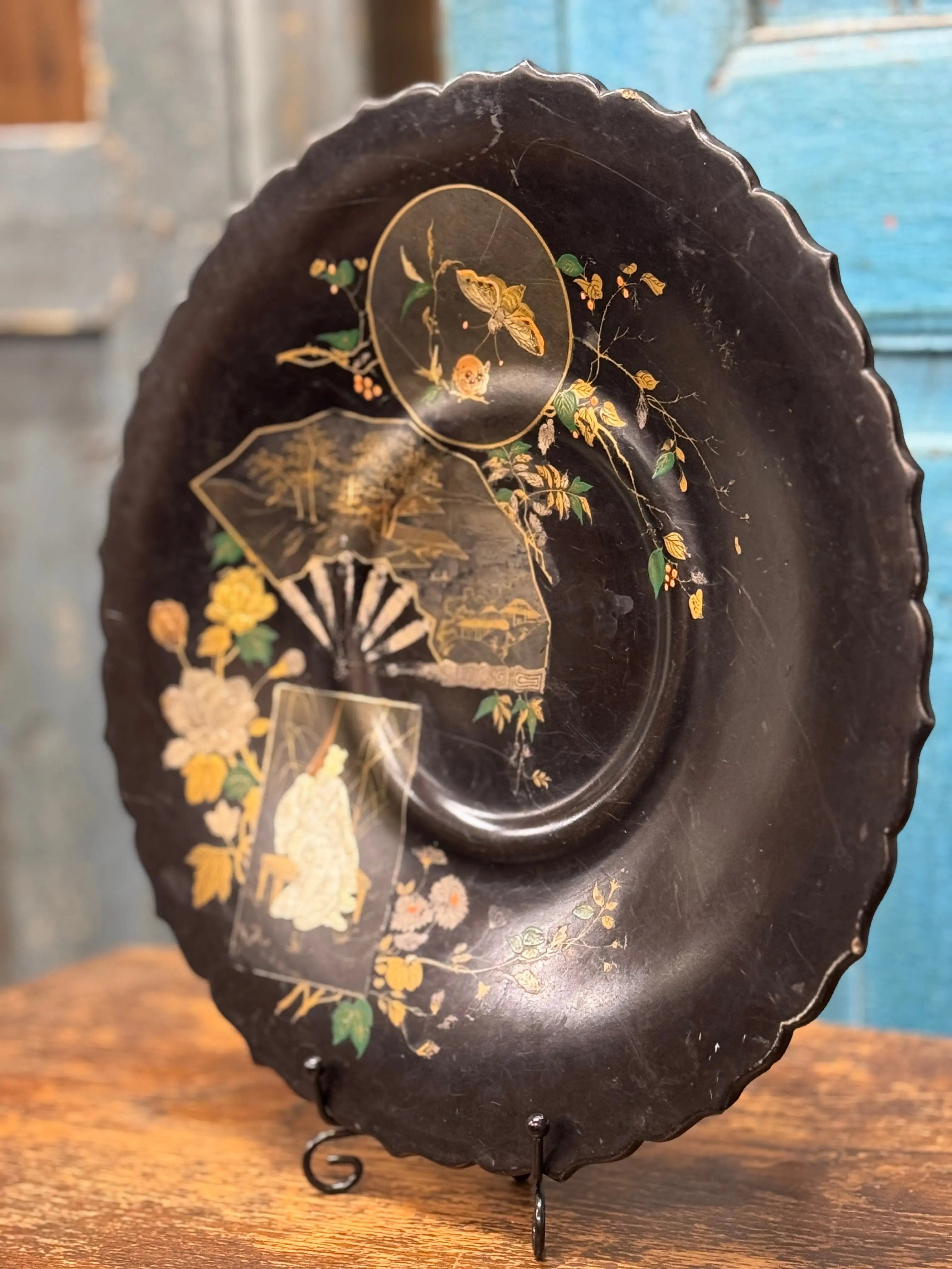 Antique 19th.C Papier-Mâché Lacquered Chinese Tray Plate Bowl / Chinoiserie C