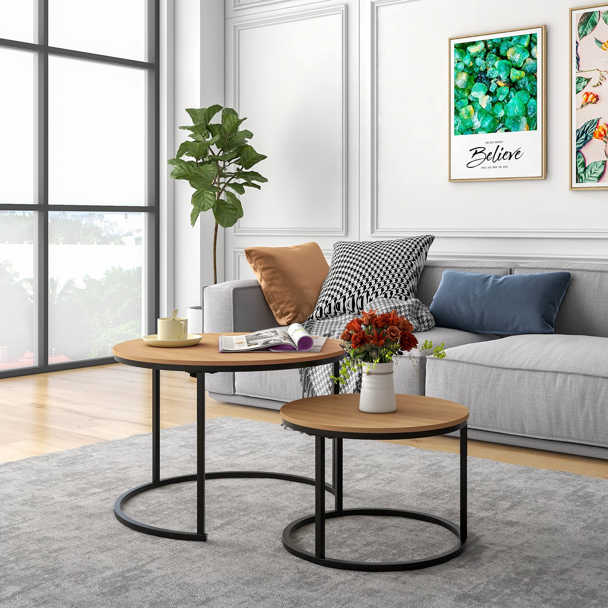 HOJINLINERO Round Nesting Coffee Table Set – Industrial Black Metal