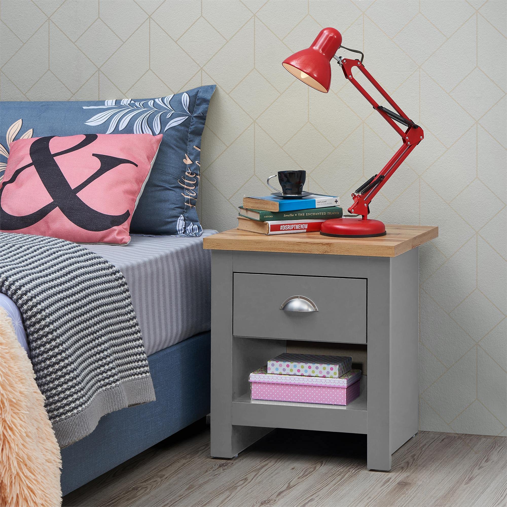 Jolof Store Lisbon 1 Drawer Bedside Table - Grey & Oak Nightstand