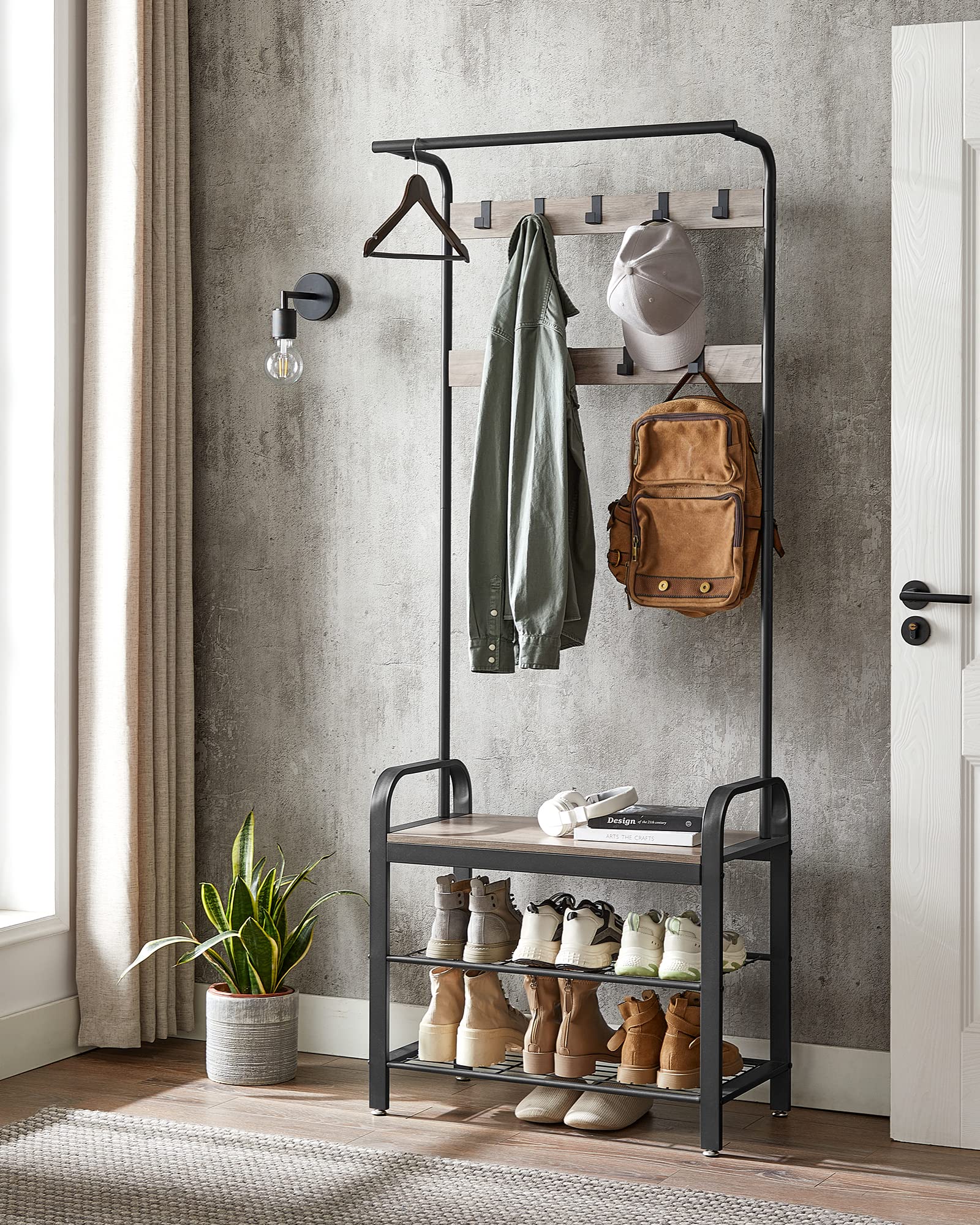 VASAGLE 4-in-1 Coat Rack with Shoe Storage Bench and 9 Hooks – Industrial