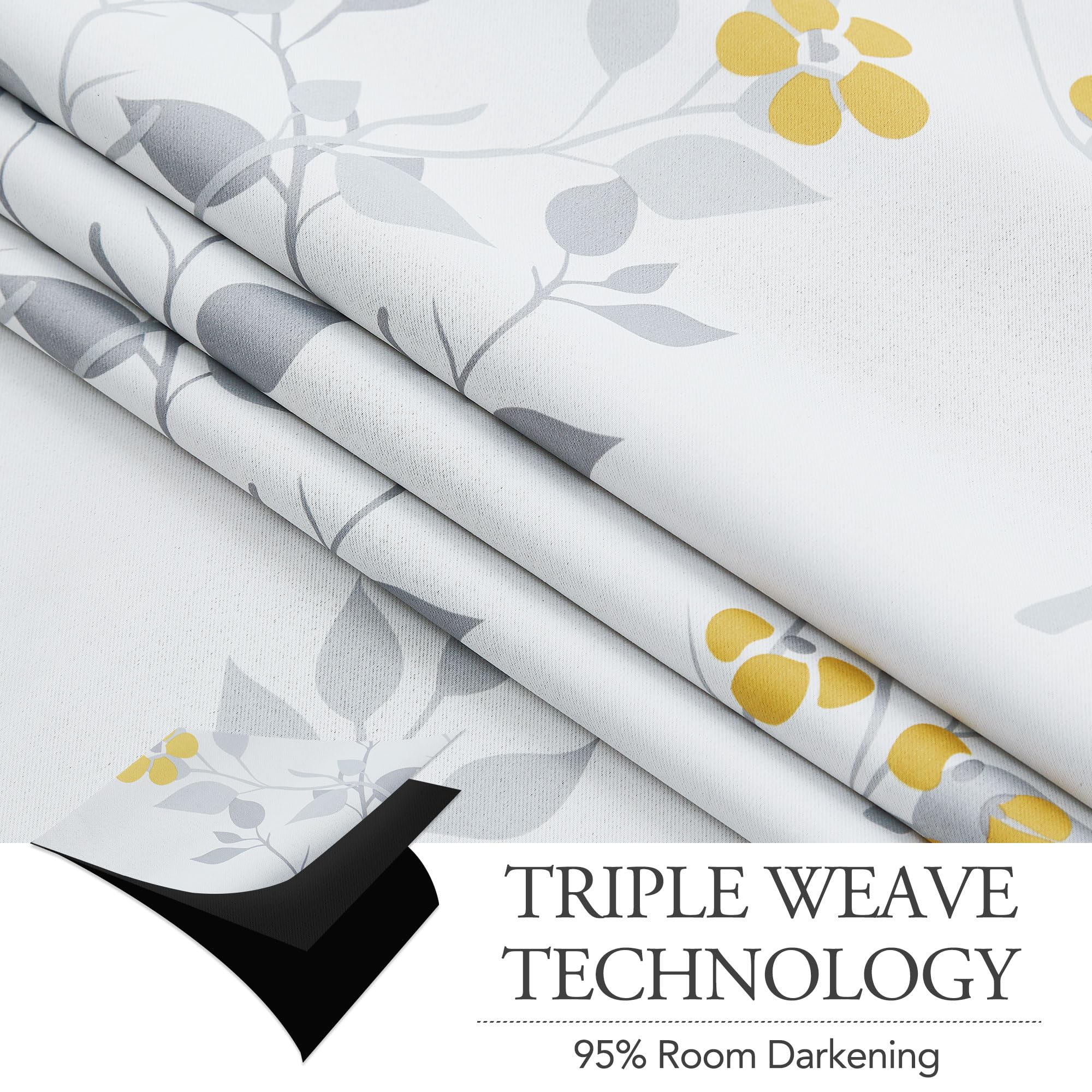 Yellow Grey Floral Blackout Curtains - 72 Inch Thermal Drapes