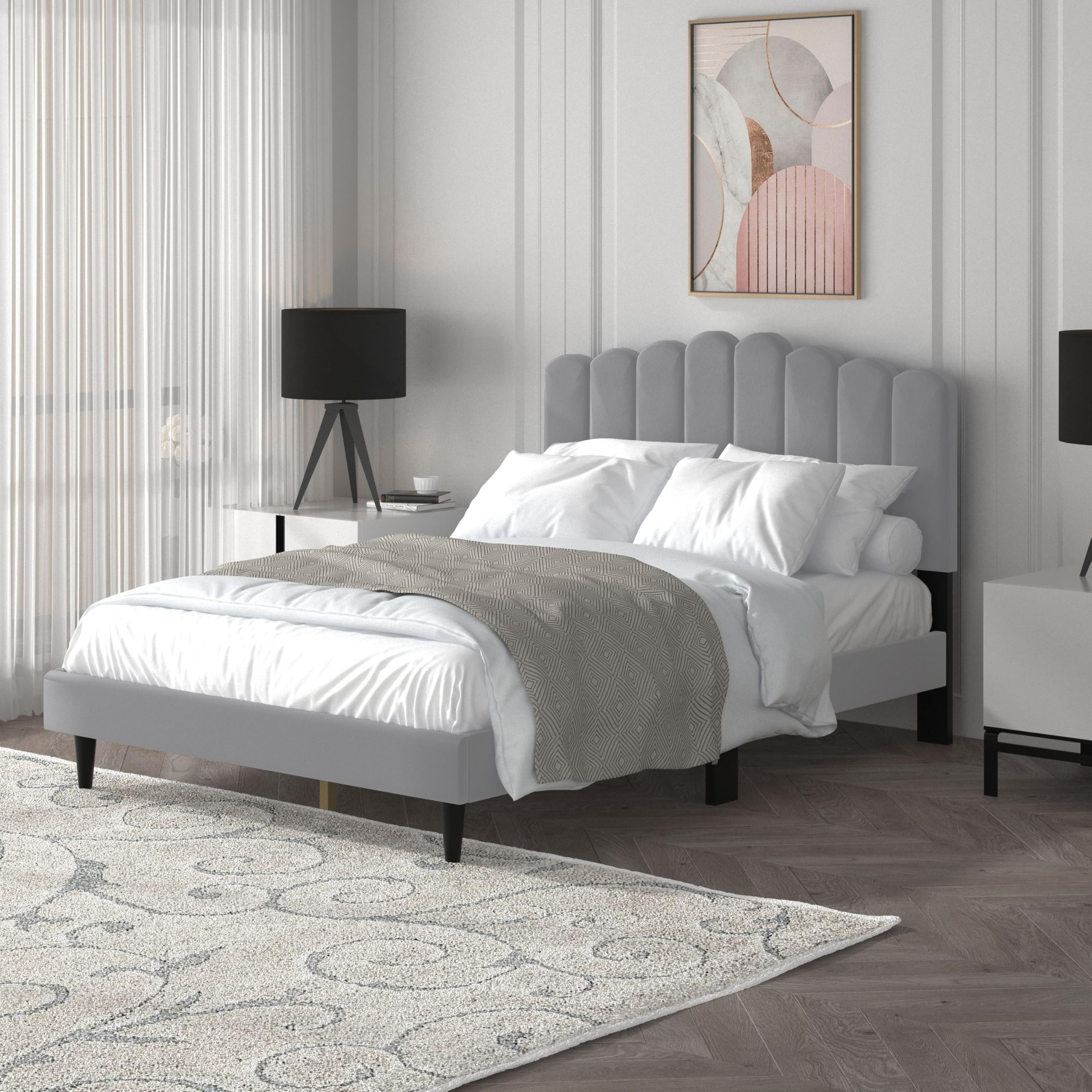 Galano Emely Upholstered Double Bed – Grey Fabric with Wooden Slats