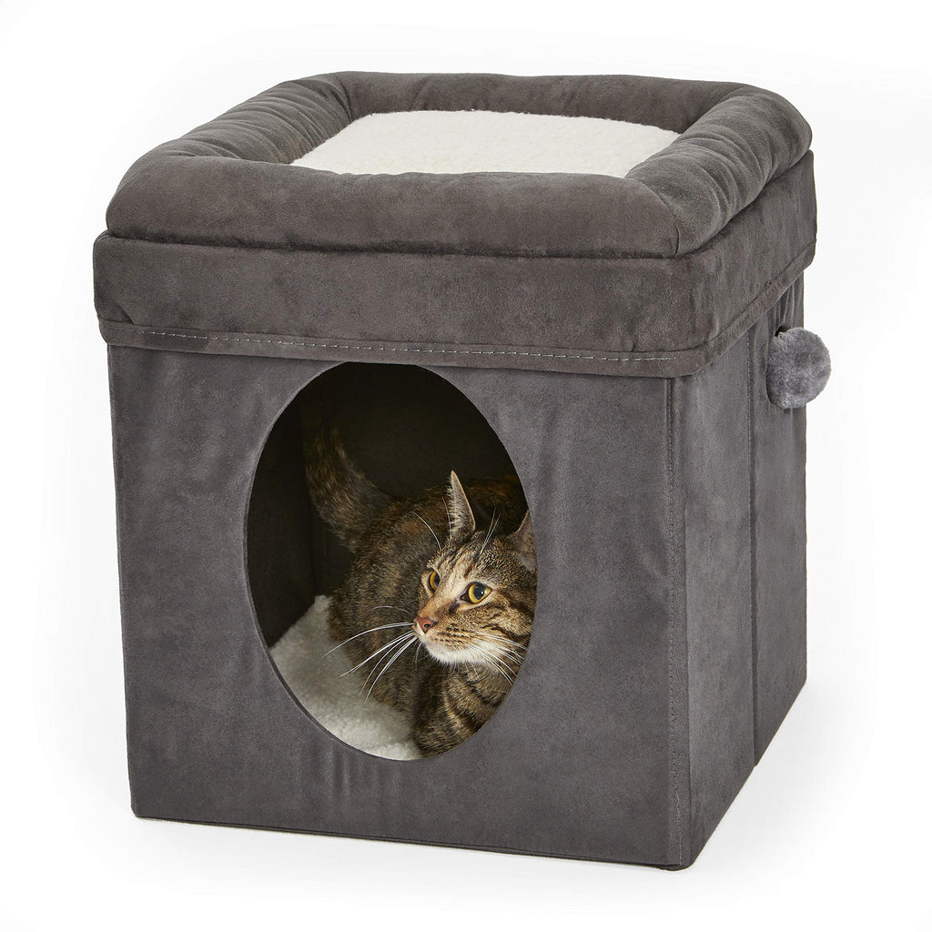 New World Cat Cube with Bed Topper – Collapsible Gray Pet Hideaway