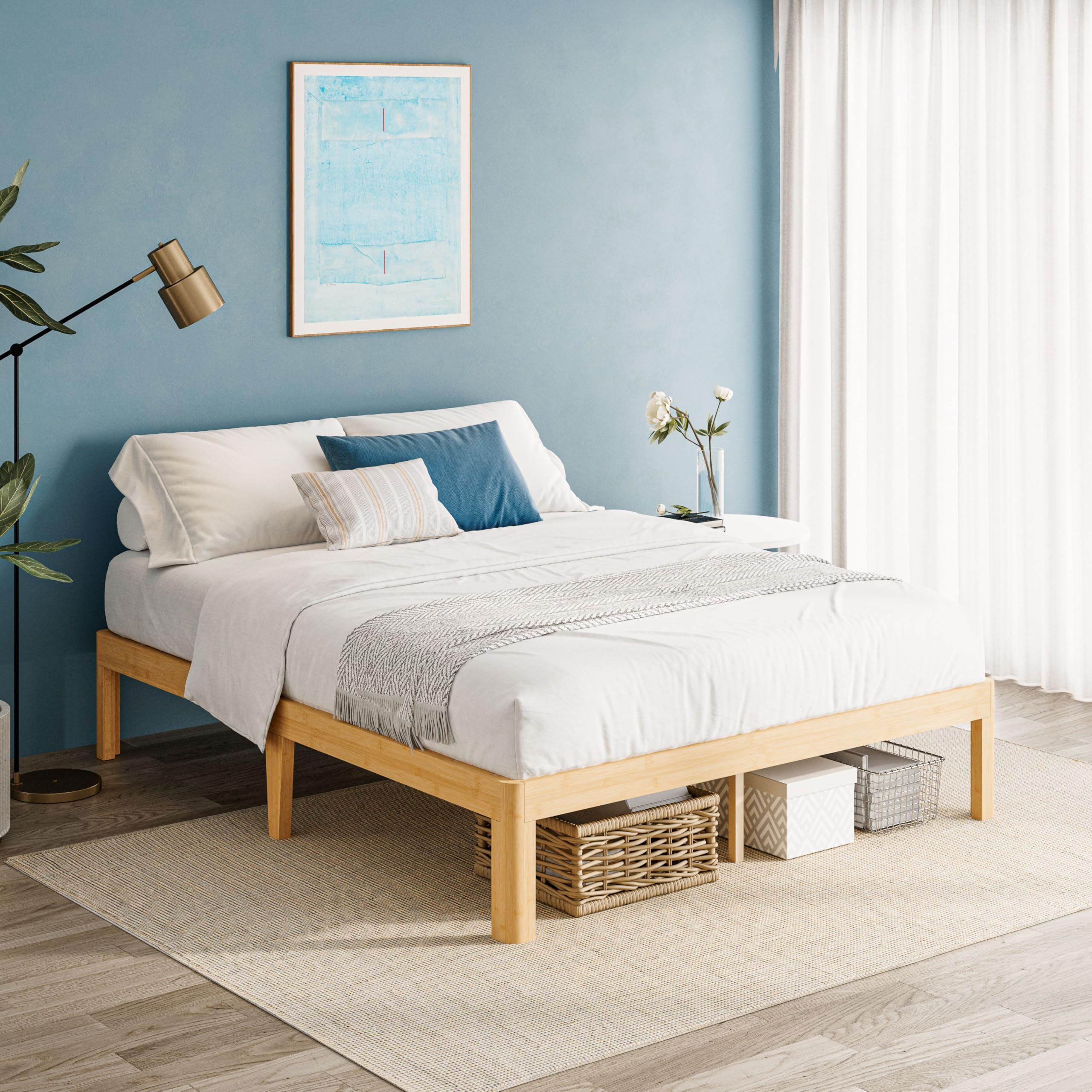 QFtime King Size Bamboo Platform Bed Frame with Metal Slat Support