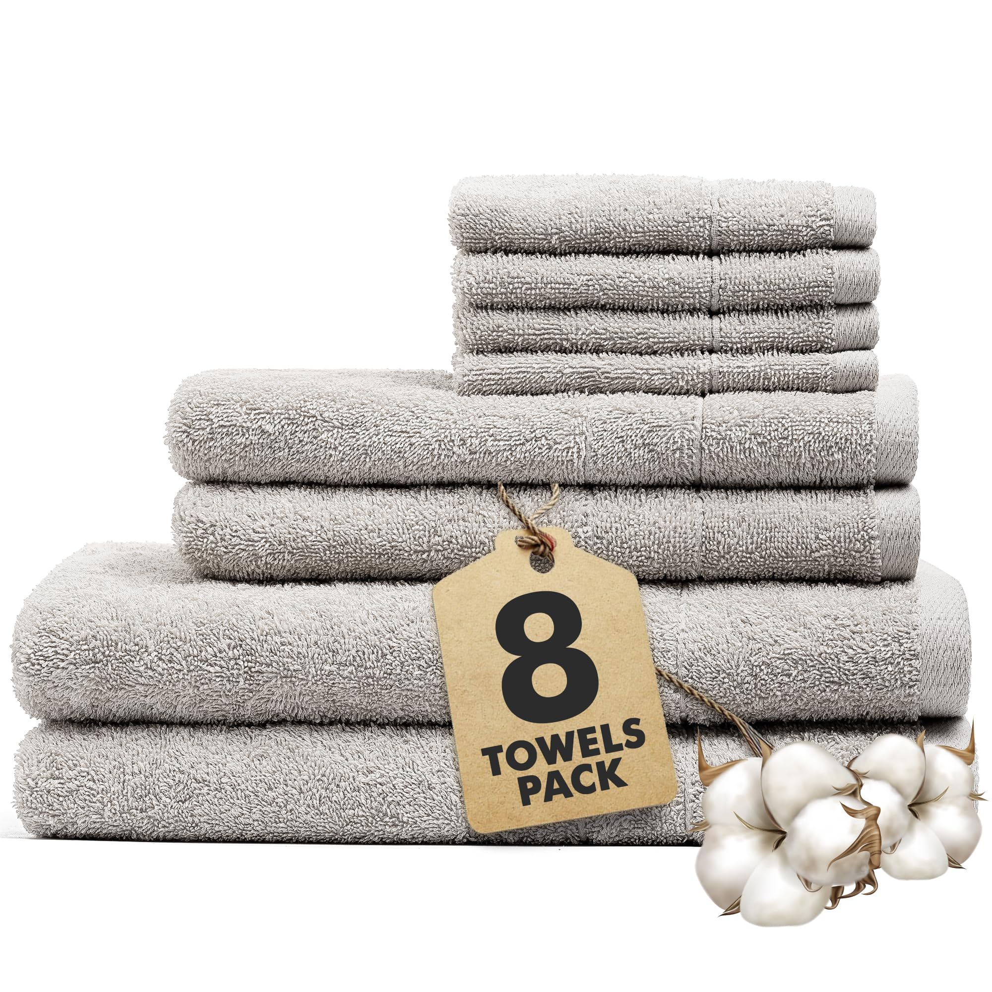 Novo Home 8-Piece Cotton Bath Towel Set – Light Grey Soft & Absorbent
