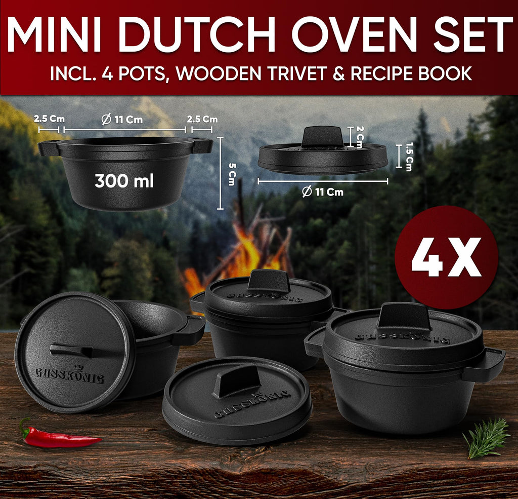 GUSSKÖNIG Mini Dutch Oven Set | 4-Piece 300ml Pre-Seasoned Cast Iron Pots