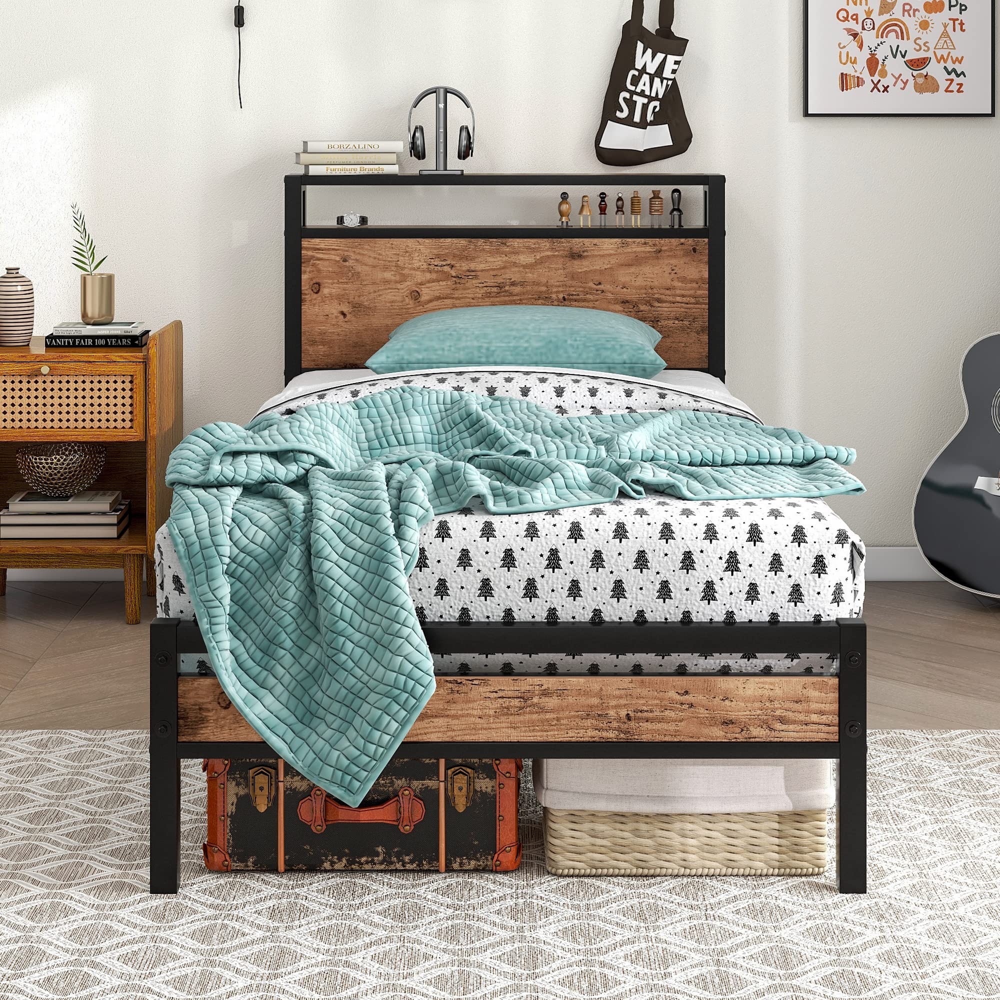 BORPHOM Single Metal Bed Frame with 2-Tier Wood Storage Headboard