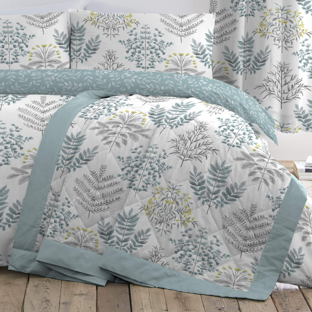 Dreams & Drapes Duck Egg Floral Fern Quilted Bedspread – Reversible Design