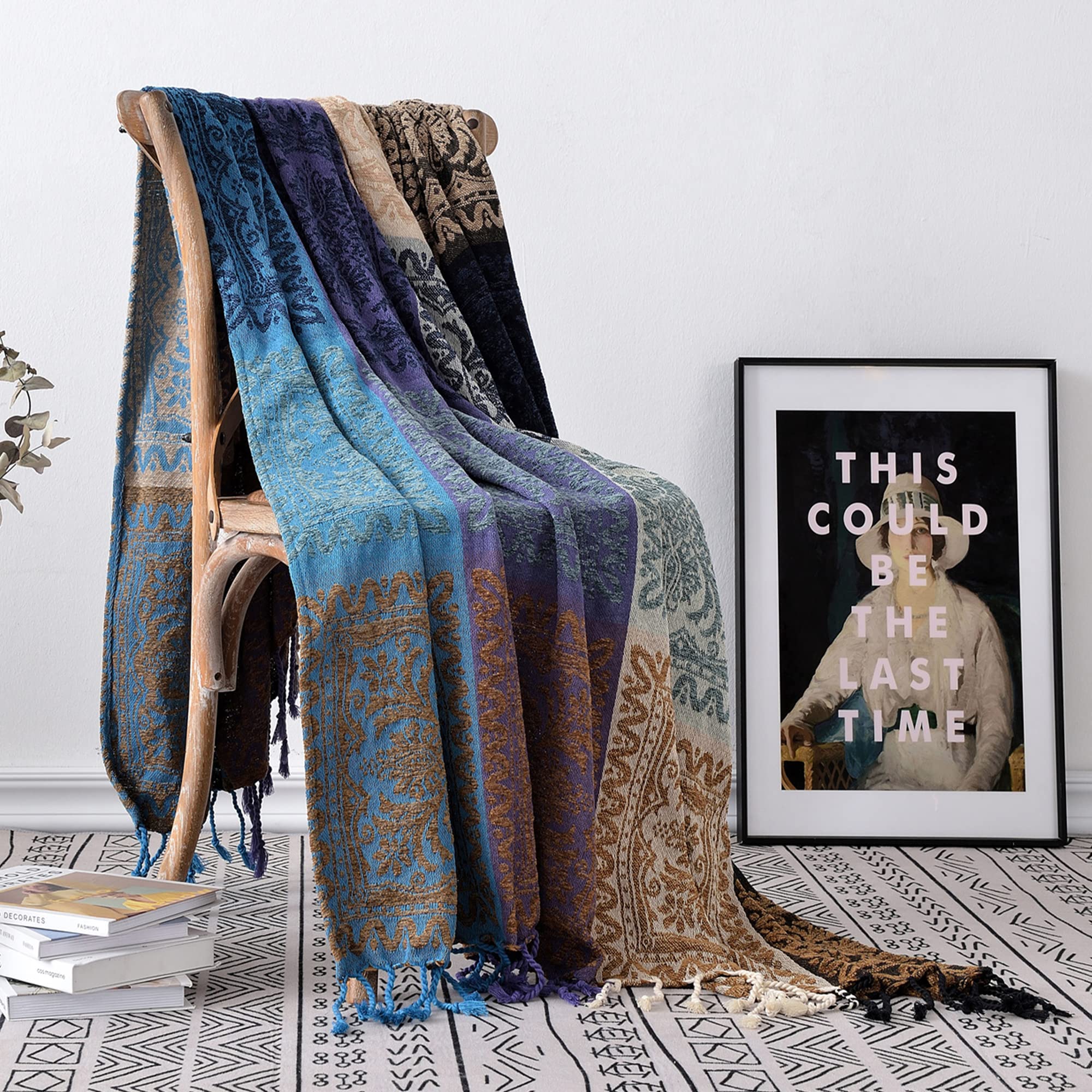 Edcooy Boho Chenille Throw Blanket – Colorful Tassel Sofa & Chair Cover