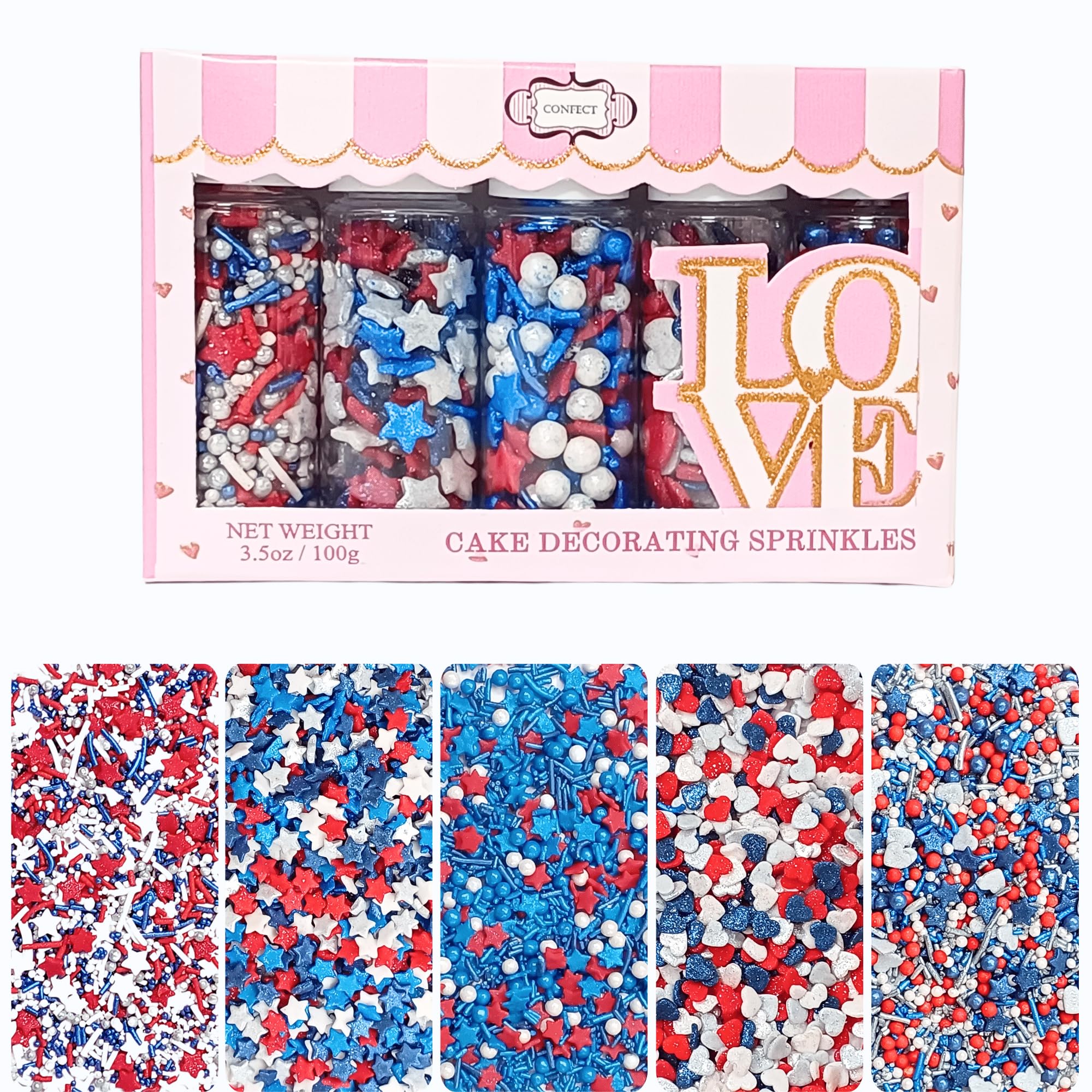 Confect Edible Christmas Sprinkles – Red, White & Blue Cake Decor (3.5 Oz)