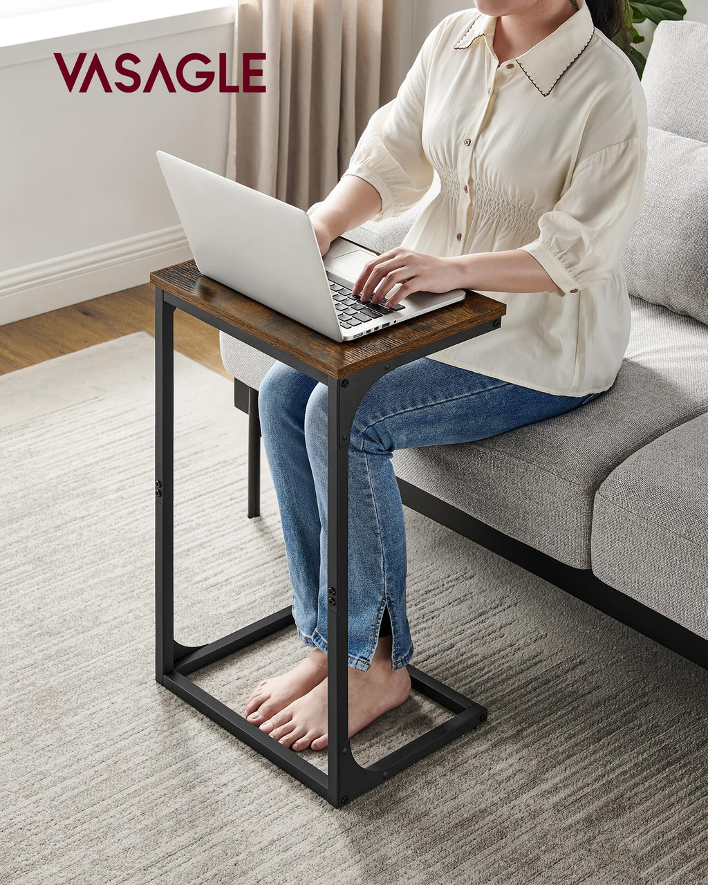 VASAGLE C-Shaped Side Table – Industrial Metal Laptop Desk, Rustic Brown