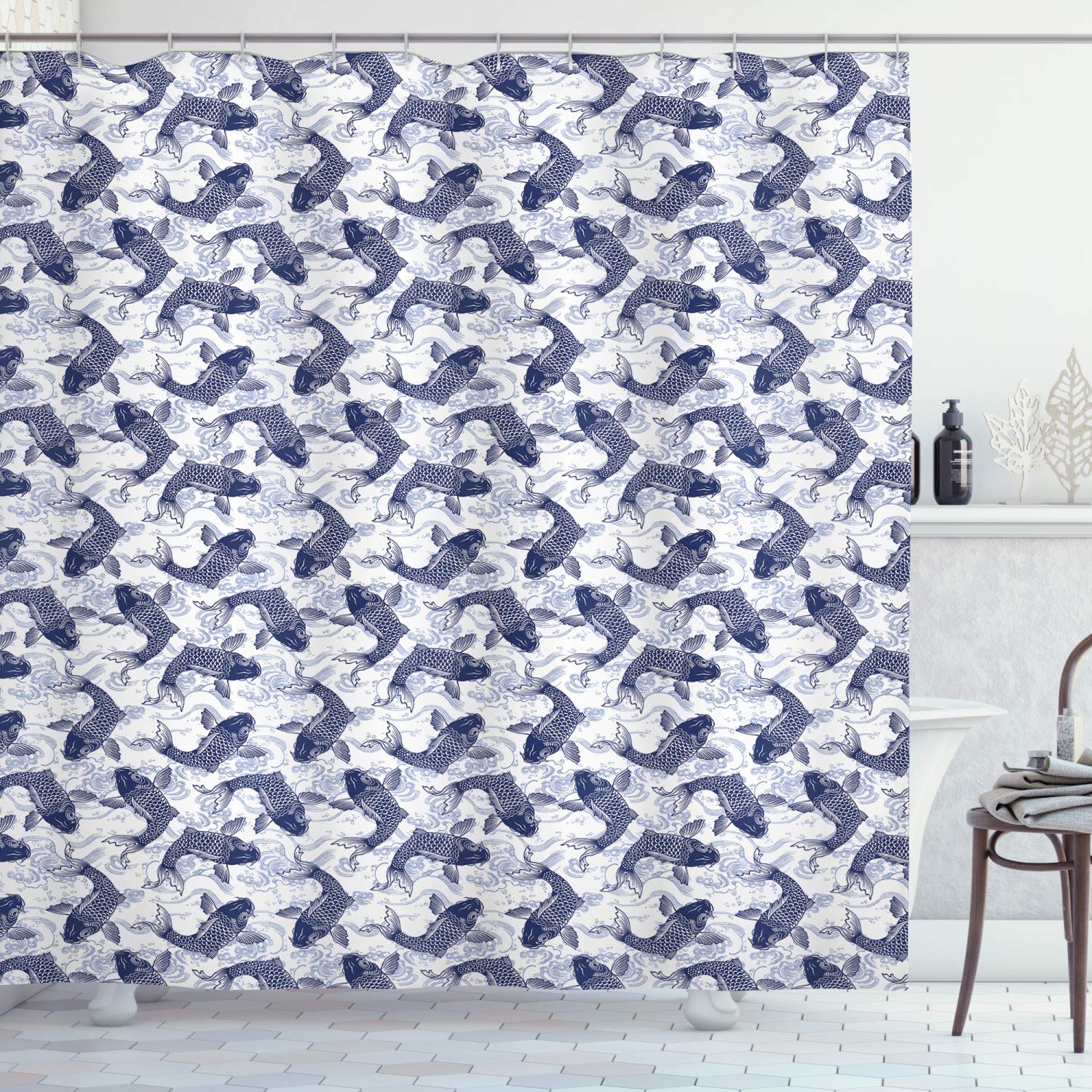 ABAKUHAUS Japanese Koi Fish Shower Curtain | Waterproof Fabric – Dark Blue