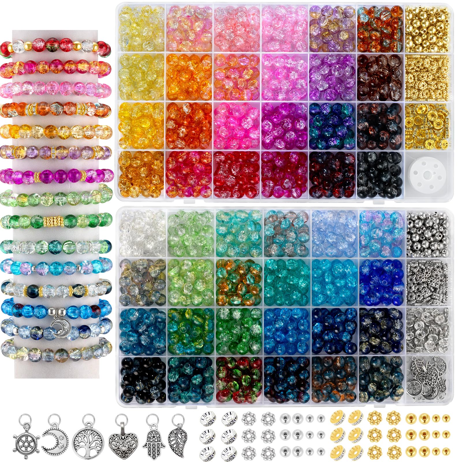 Zefy 8mm Crackle Glass Beads Kit - 1500+ Pcs for Jewelry Making