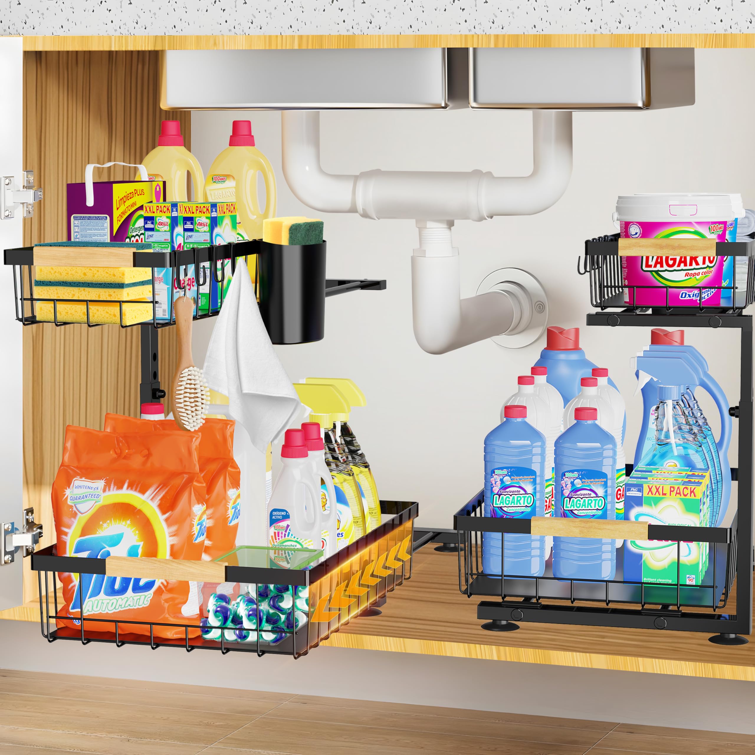 Homicozy 2-Pack Under Sink Storage – 2-Tier Metal Adjustable Organiser
